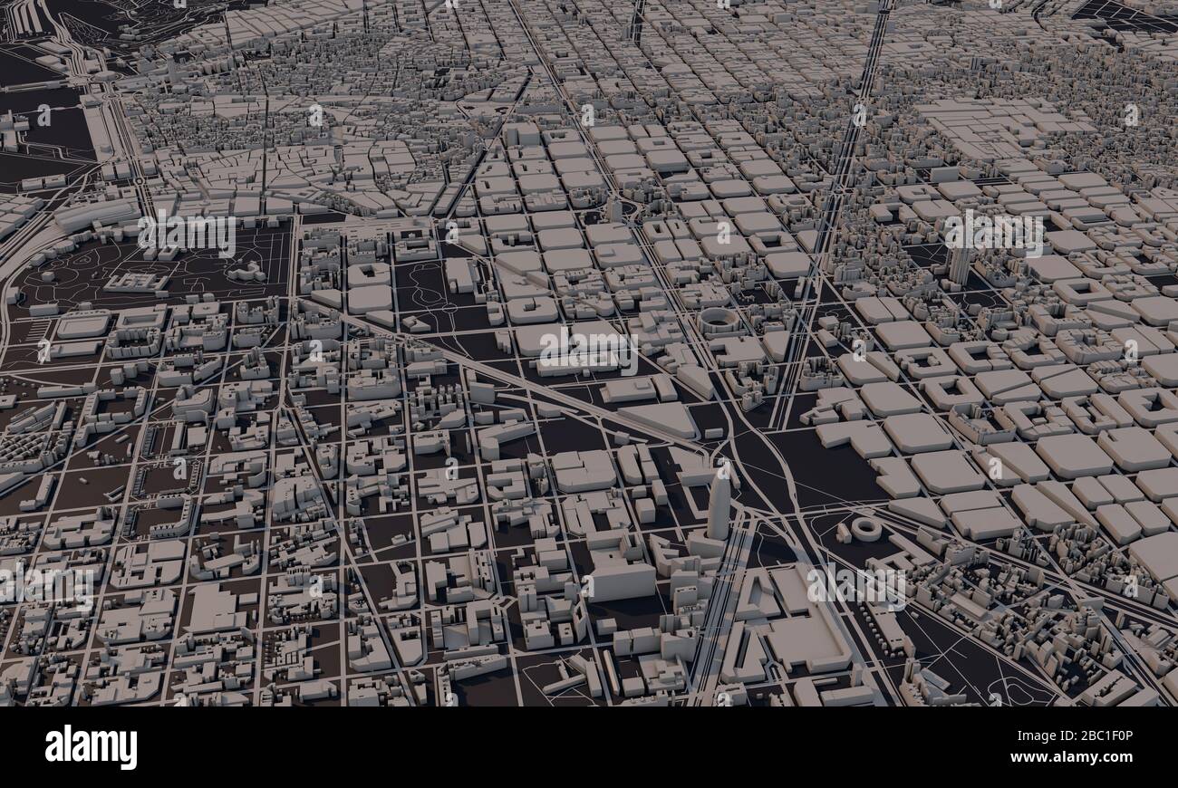 Barcelona, Spanien Stadtplan 3D Rendering. Satellitenansicht der Antenne. Stockfoto
