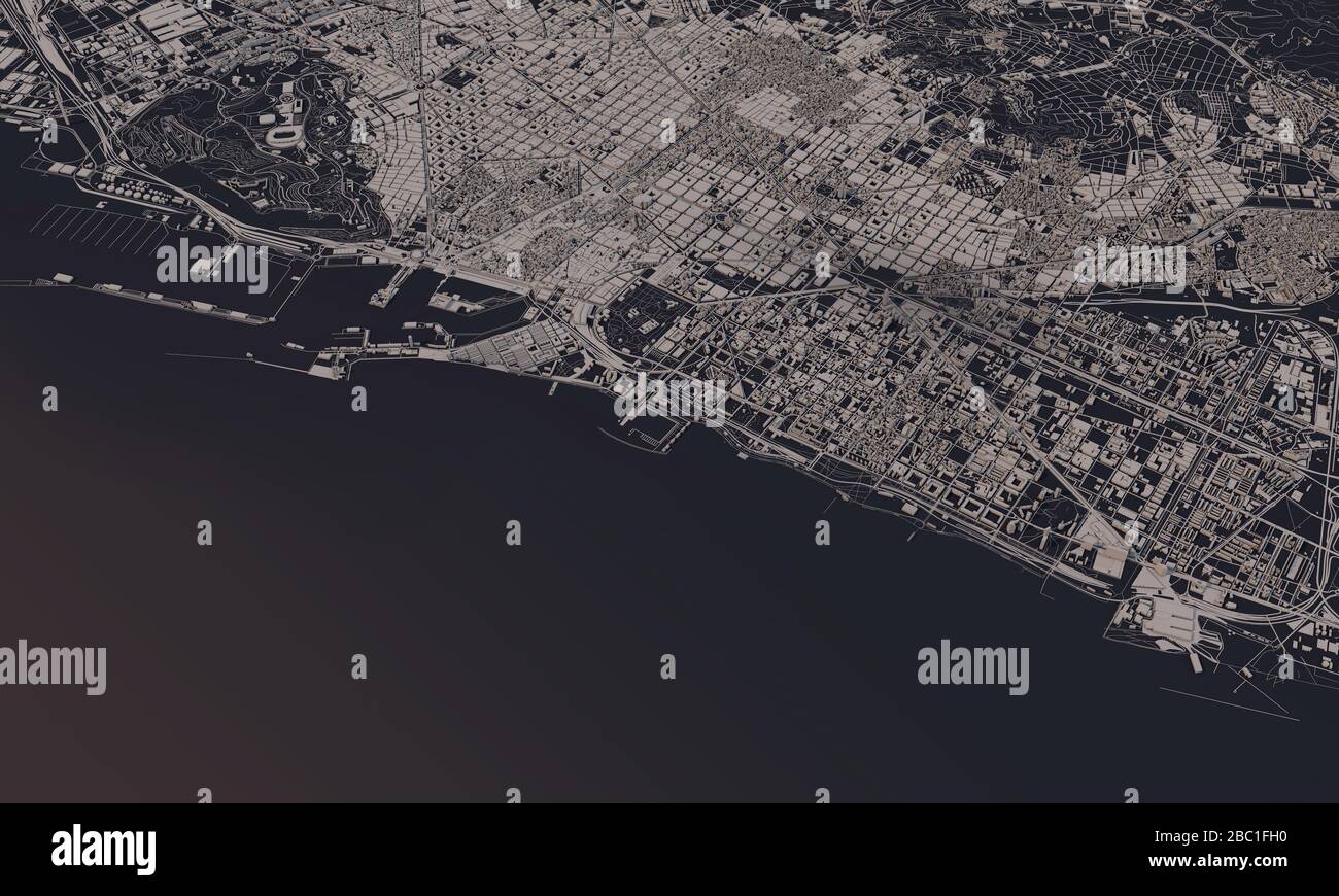 Barcelona, Spanien Stadtplan 3D Rendering. Satellitenansicht der Antenne. Stockfoto