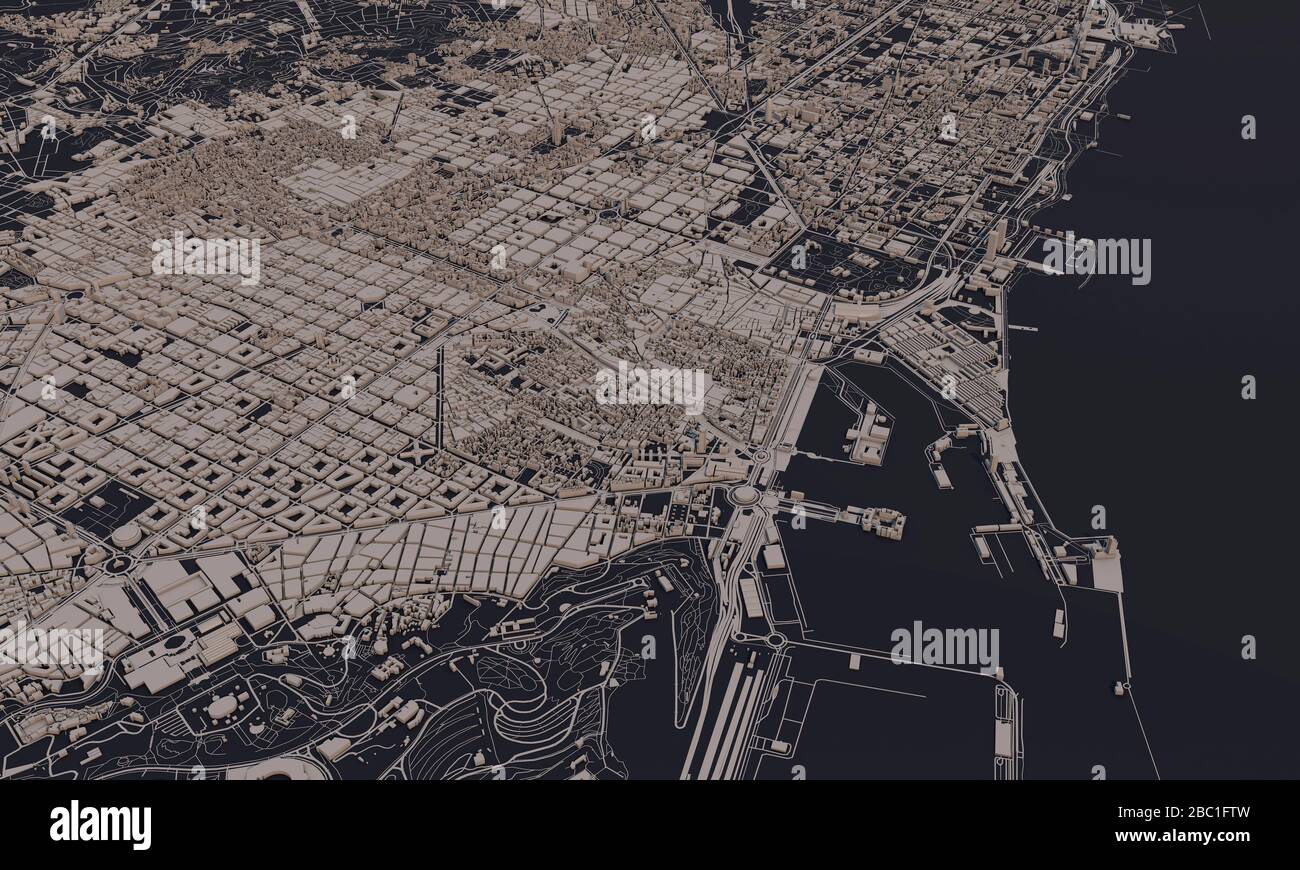 Barcelona, Spanien Stadtplan 3D Rendering. Satellitenansicht der Antenne. Stockfoto