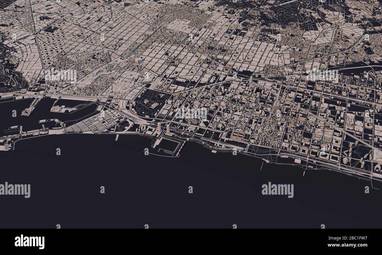 Barcelona, Spanien Stadtplan 3D Rendering. Satellitenansicht der Antenne. Stockfoto