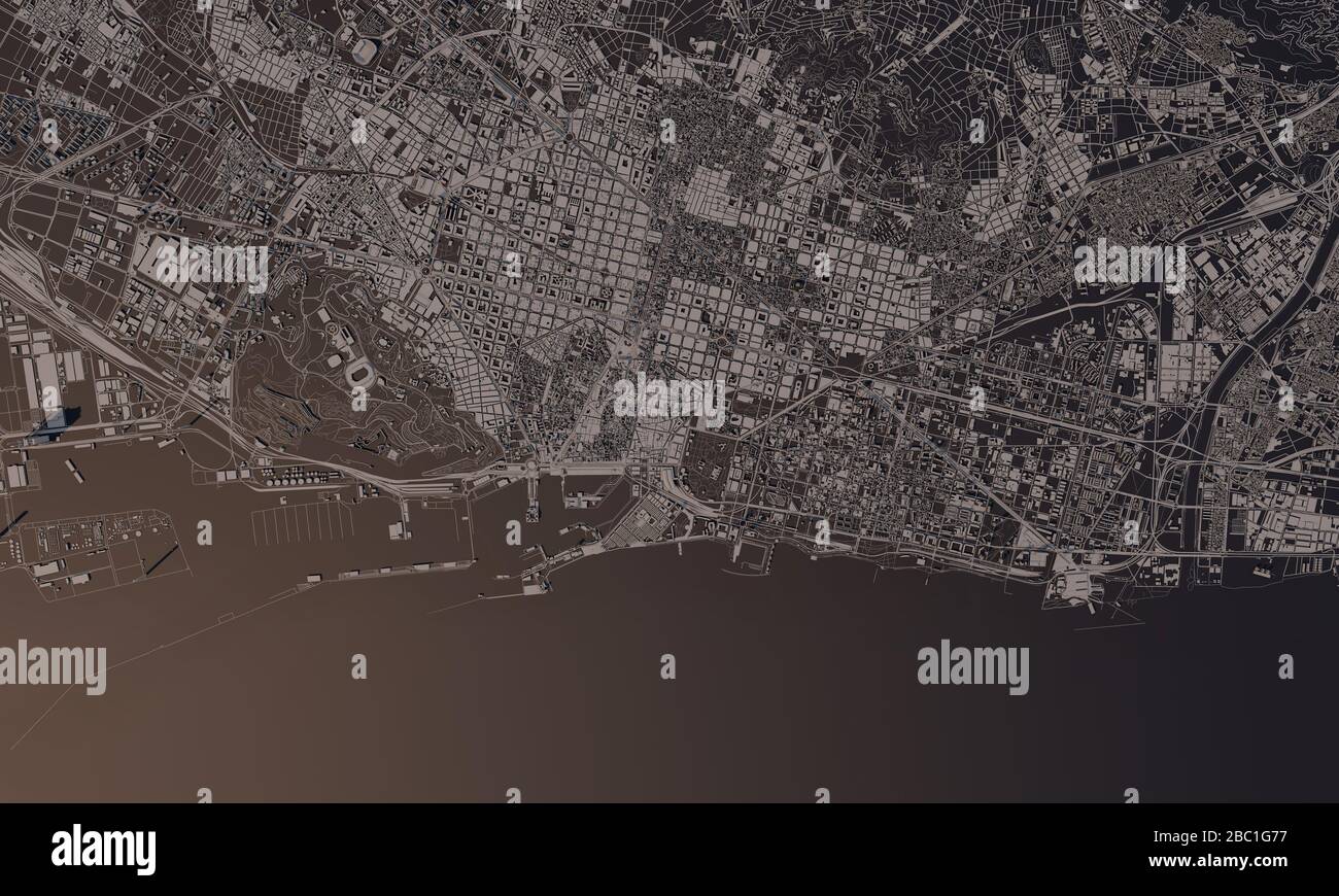 Barcelona, Spanien Stadtplan 3D Rendering. Satellitenansicht der Antenne. Stockfoto