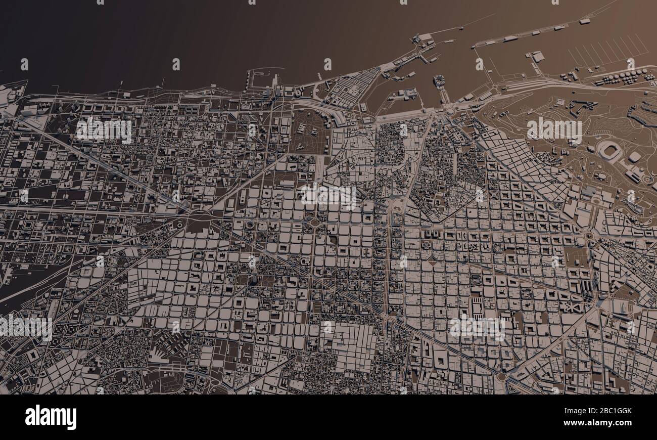 Barcelona, Spanien Stadtplan 3D Rendering. Satellitenansicht der Antenne. Stockfoto