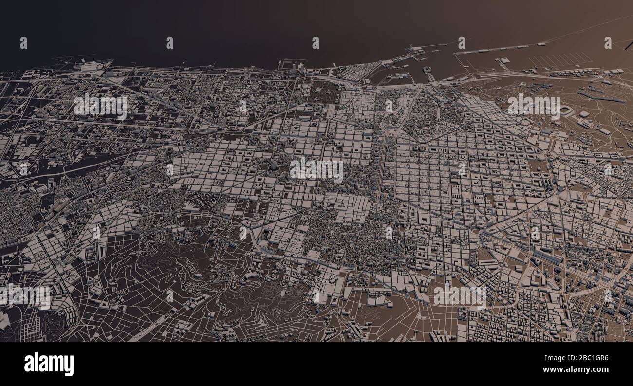 Barcelona, Spanien Stadtplan 3D Rendering. Satellitenansicht der Antenne. Stockfoto