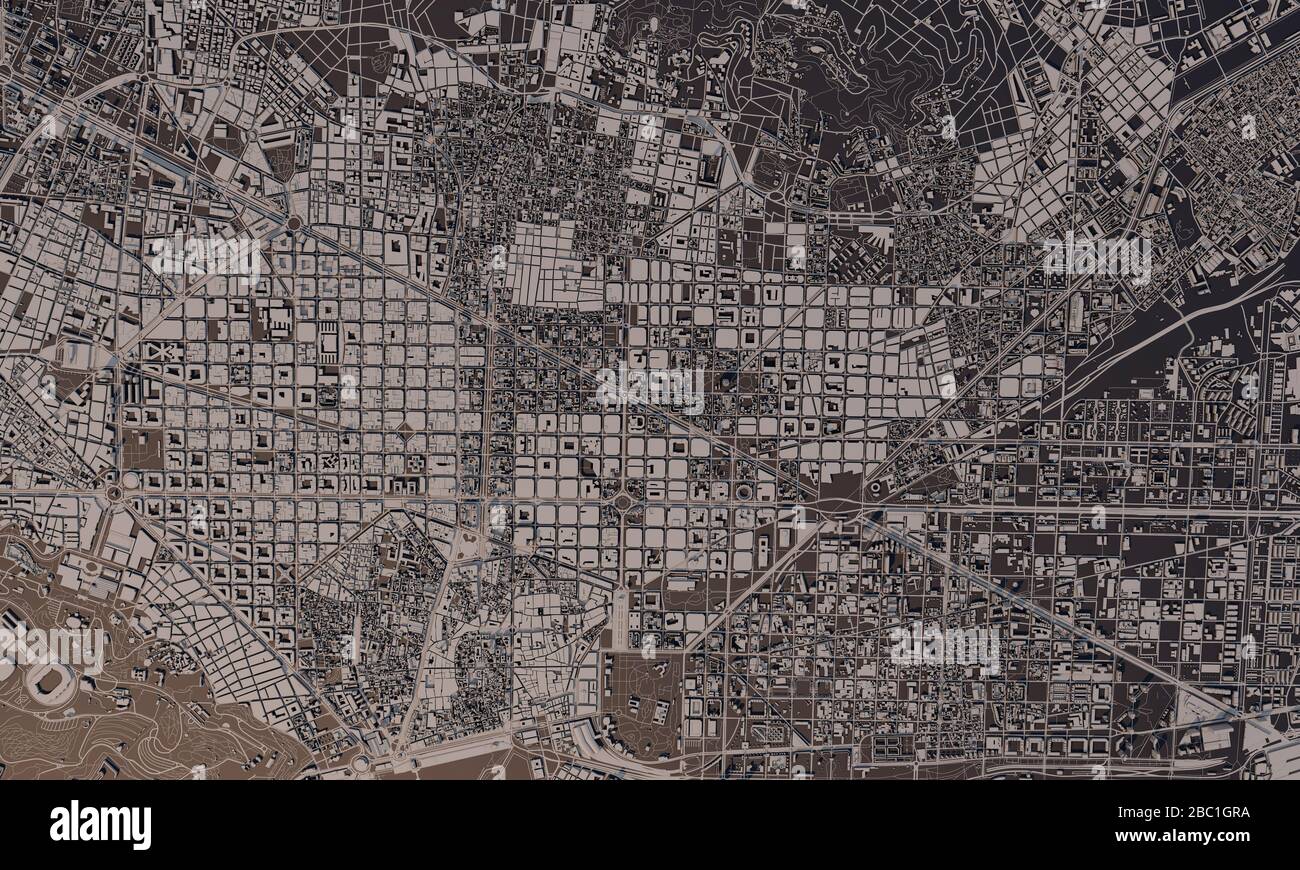 Barcelona, Spanien Stadtplan 3D Rendering. Satellitenansicht der Antenne. Stockfoto