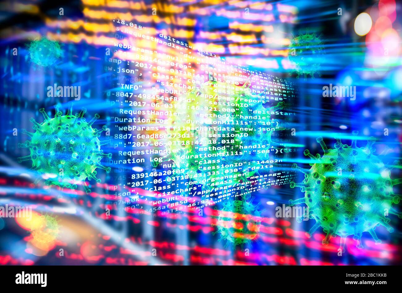 Programmcode mit Viren, abstrakter Technologie-Hintergrund mit Server-Racks und vielen Lichtern Stockfoto