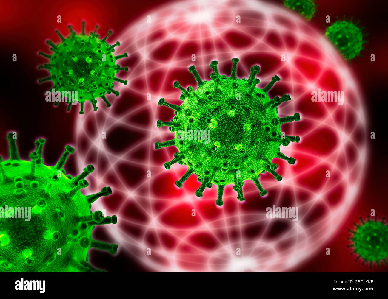Corona-Viren mit einem roten Globus im Hintergrund Stockfoto