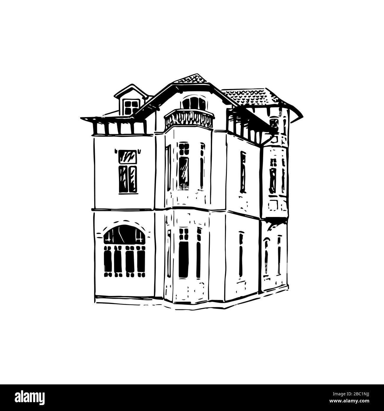 Altes Haus, Villa, Villa, Cottage - Vintage-Illustration, Backstein-Gebäude Silhouette handgezeichnete Illustration. Skizze des Tintenstifts Stock Vektor