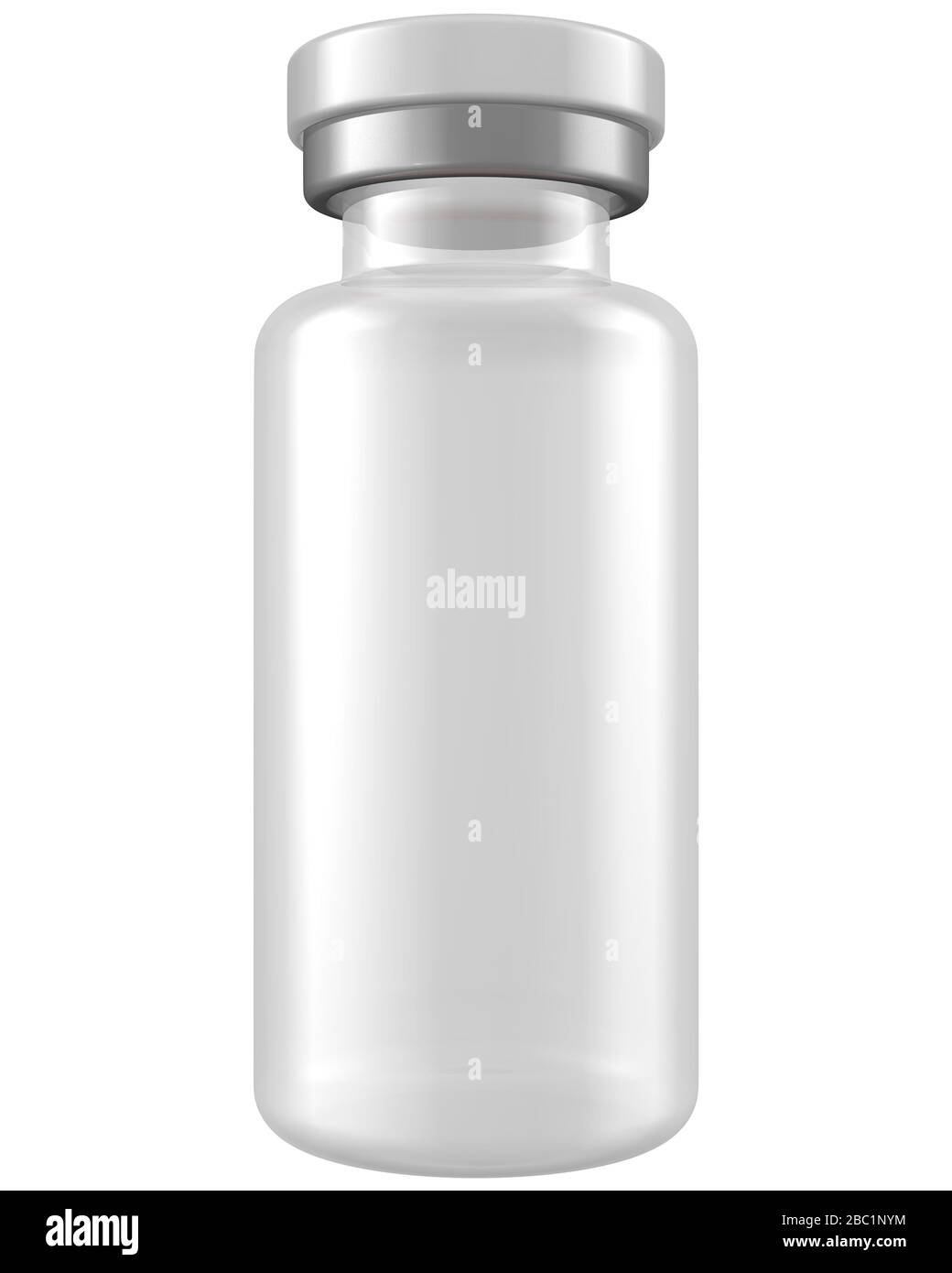 Realistische 3D-Glasflasche mit 10 ml-Fläschchen, mit einem Muster im weißen Hintergrund. 3D-Rendering, 3D-Abbildung Stockfoto