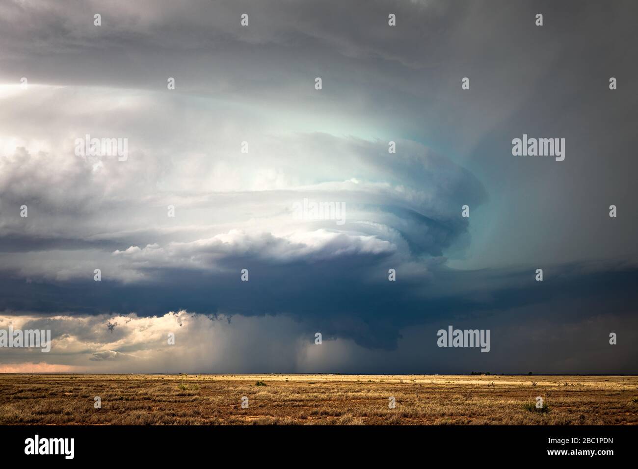 Dunkle Wolken und dramatischer Himmel, wenn sich ein supercell-Gewitter während eines Unwetterereignisses in der Nähe von Artesia, New Mexico, auf einem Feld dreht Stockfoto