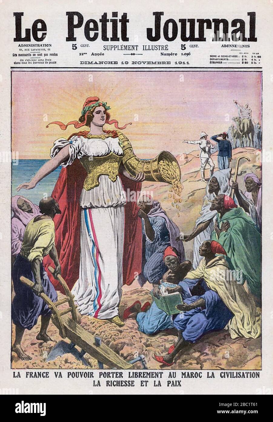 FRANZÖSISCH-MAROKKO-Cover einer französischen Zeitschrift vom November 1911, die die Vorteile zeigt, die der französische Kolonialismus einer dankbaren Bevölkerung bringen könnte Stockfoto