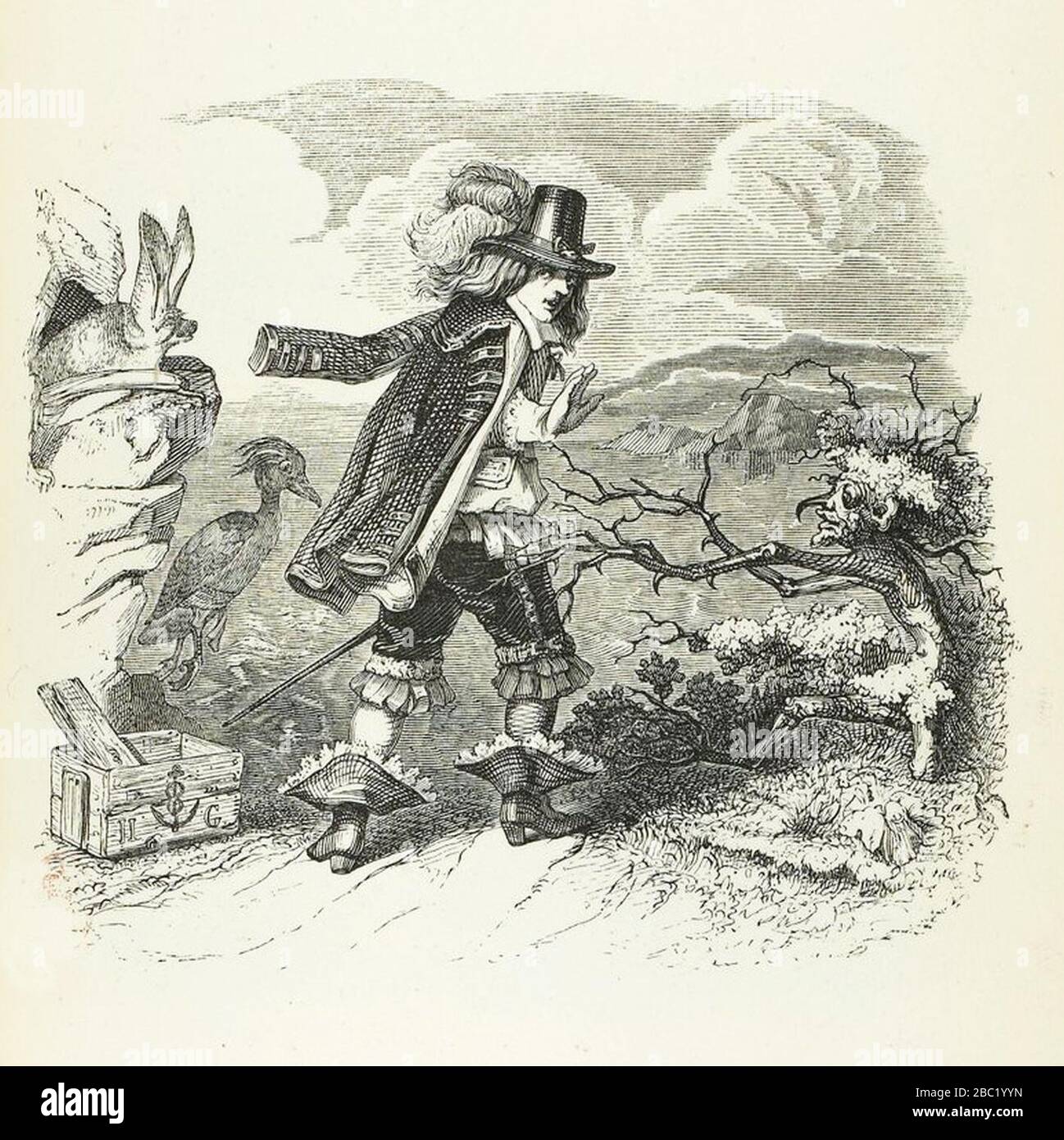 Grandville - Fables de La Fontaine - 12-07 . La Chauve-souris, le Buisson et le Canard. Stockfoto