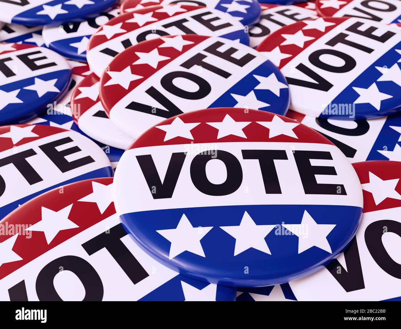 3D-Rendering von Haufen amerikanischer Wahltasten mit US-Flaggenfarben Stockfoto