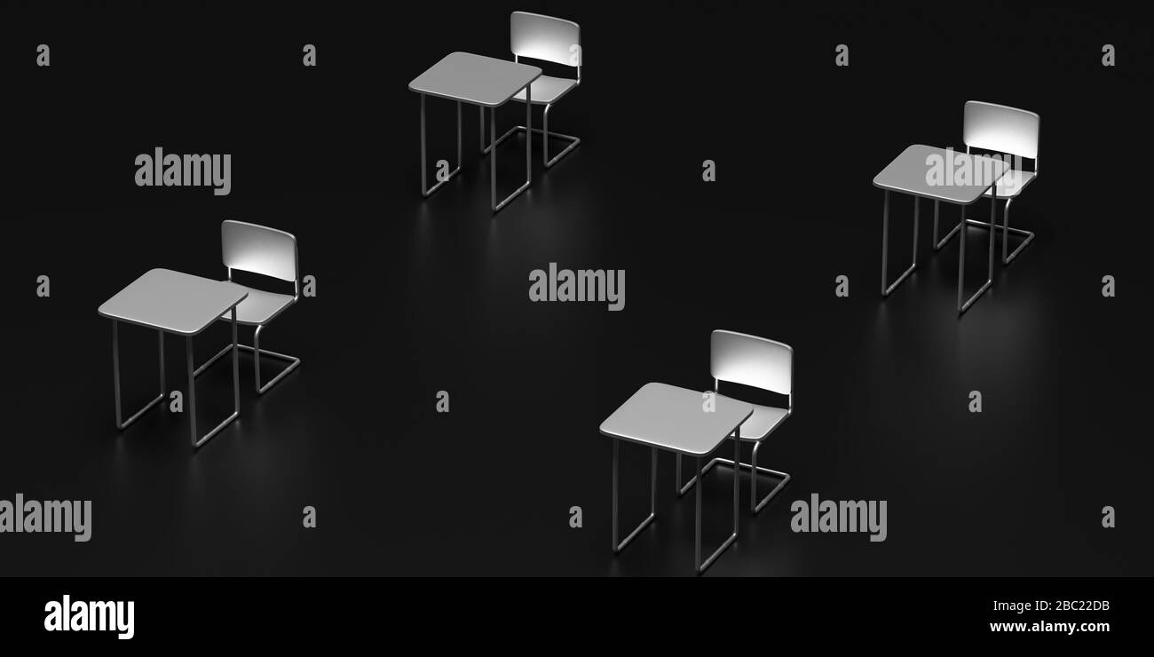 Konzept der sozialen Distanzierung. Leere Stühle und Schreibtische in einer Instanz auf schwarzem Hintergrund. Abstand halten, um die Ausbreitung des Covid19-Coronavirus zu schützen, 3d Stockfoto