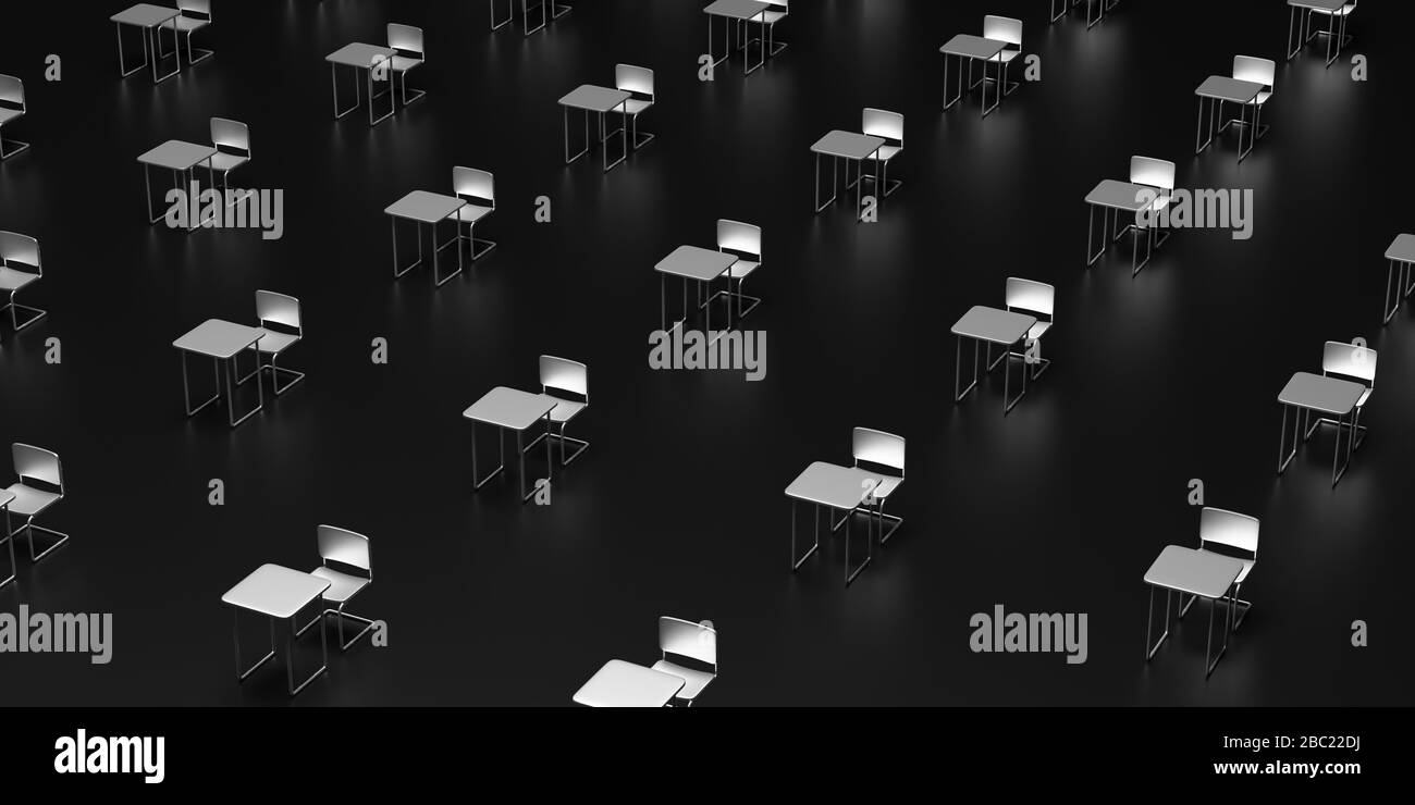 Konzept der sozialen Distanzierung. Leere Stühle und Schreibtische in einer Instanz auf schwarzem Hintergrund. Abstand halten, um die Ausbreitung des Covid19-Coronavirus zu schützen, 3d Stockfoto