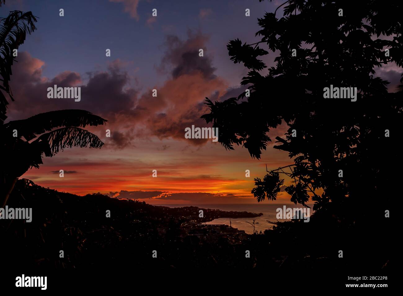 Atemberaubender tropischer Sonnenuntergang auf der karibischen Insel Saint Lucia. Brotfrucht- und Bananenbauchenblätter umrahmen den Schuss und geben so Leben und Schärfentiefe. Stockfoto