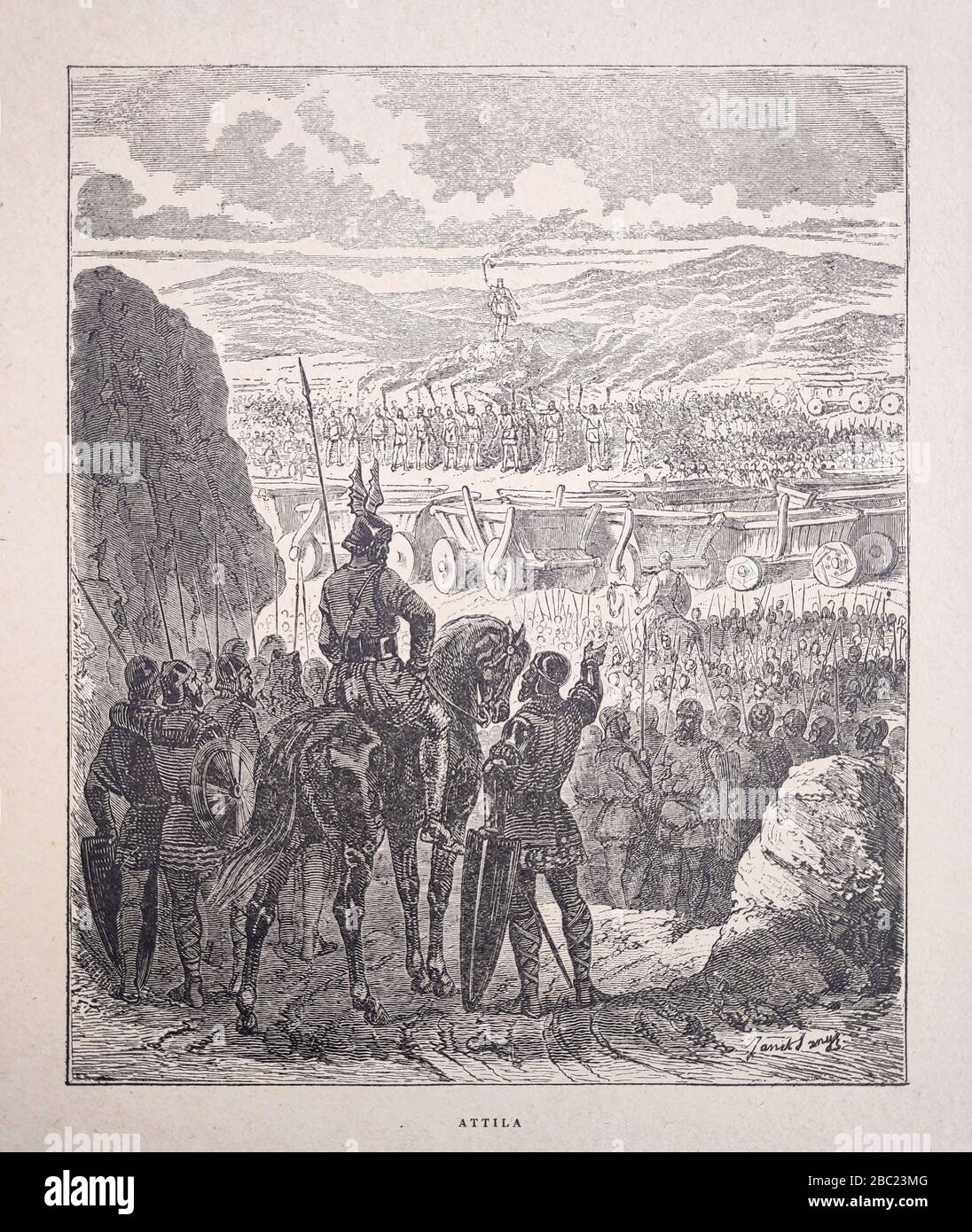 Illustration von Attila auf einem Schlachtfeld von Janit Sanys, veröffentlicht im späten 19. Jahrhundert. Stockfoto