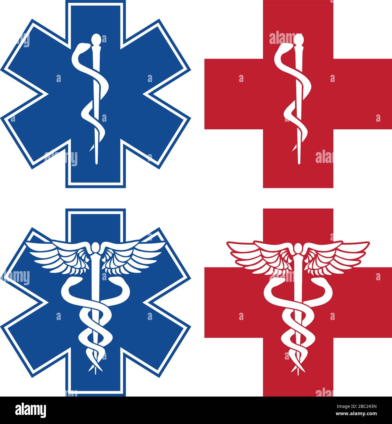 EMT, Nurse, Doctor Caduceus Medical Services Symbole des roten und blauen Kreuzes isolierte Vektorgrafiken Stock Vektor