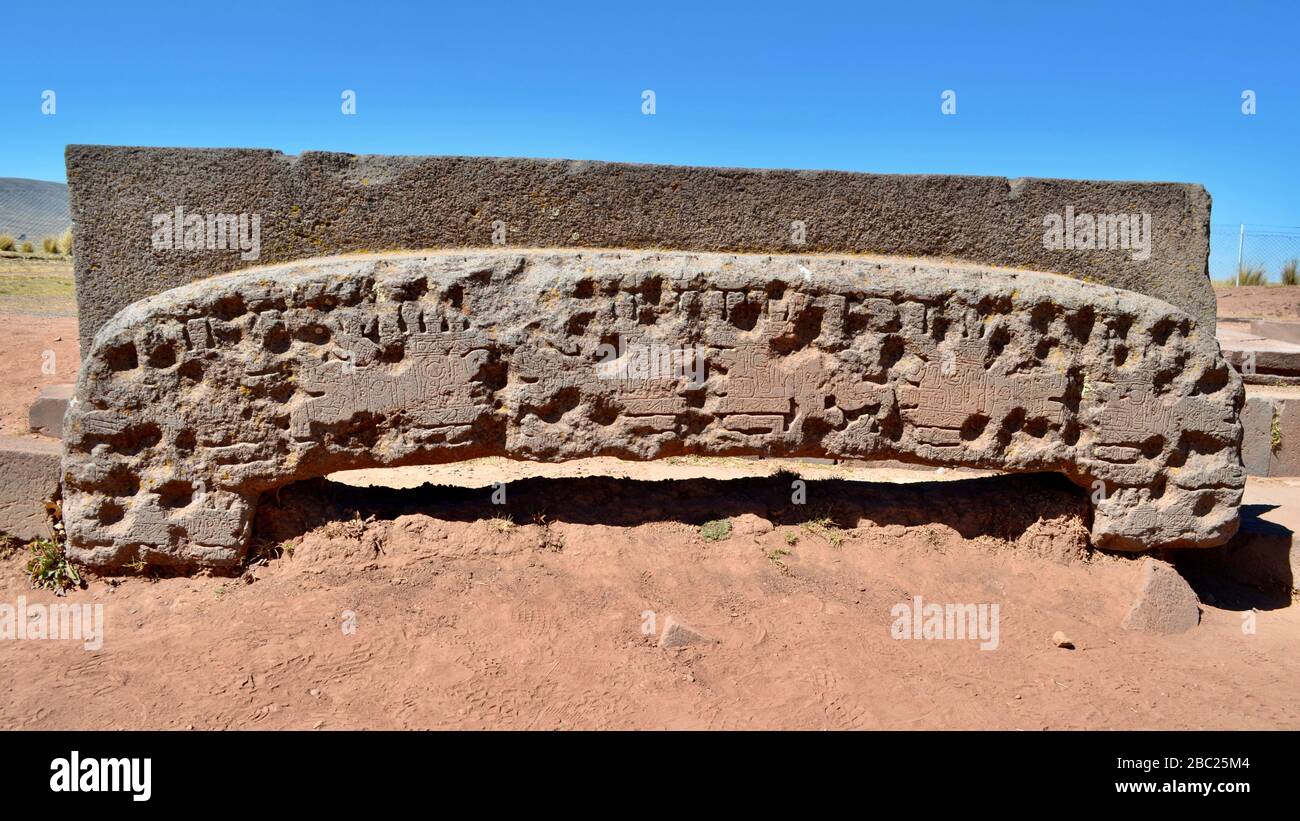 Lintel von Kantatallita an der archäologischen Stätte Tiwanaku. Bolivien Stockfoto
