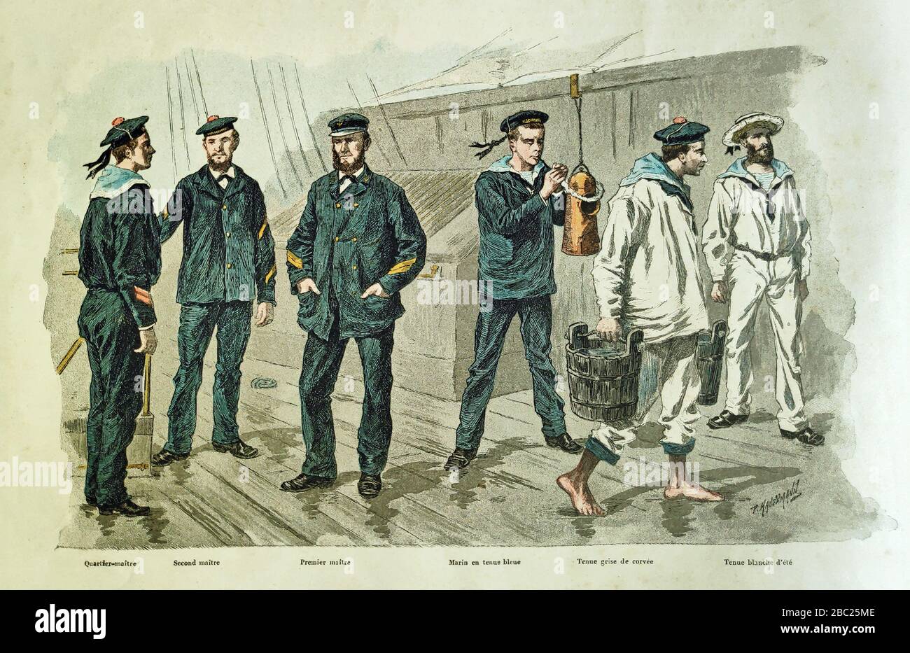Abbildung der verschiedenen Uniformen der französischen Marine Ende des 19. Jahrhunderts von P. Kauffmann. Stockfoto