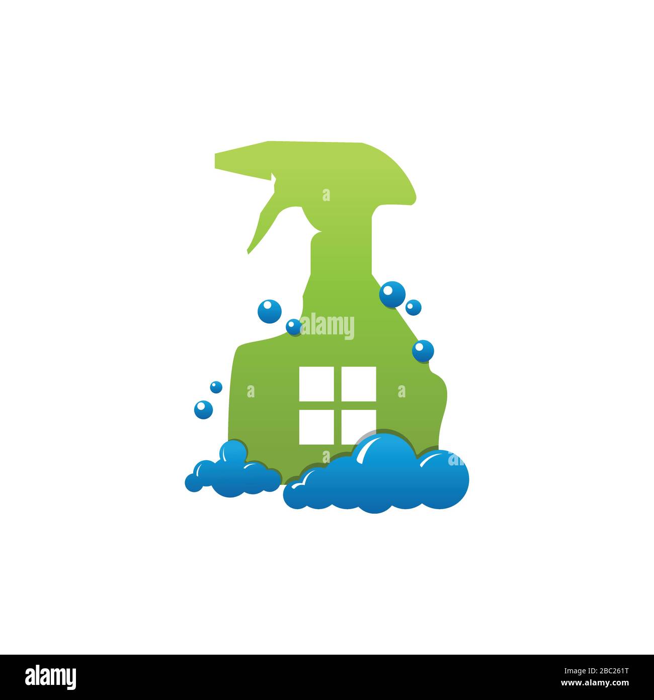 Emblem des Vektor-Logos für den Reinigungsdienst oder Vorlage für das Symboldesign. Zuhause mit Seifenschaum und Sprühreinigung. Isolierte Abbildung des Hauses reinigen. Stock Vektor