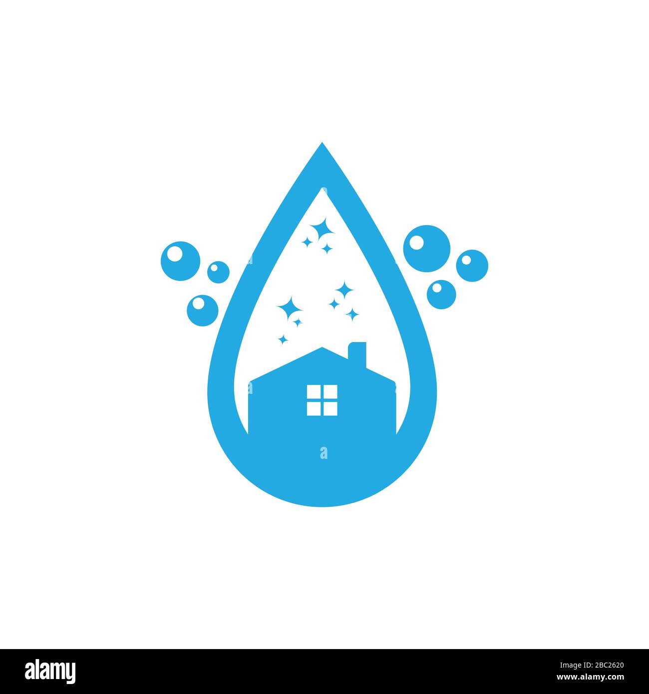 Emblem des Vektor-Logos für den Reinigungsdienst oder Vorlage für das Symboldesign. Zuhause mit Seifenschaum und Wassertropfen. Isolierte Abbildung des Hauses reinigen Stock Vektor