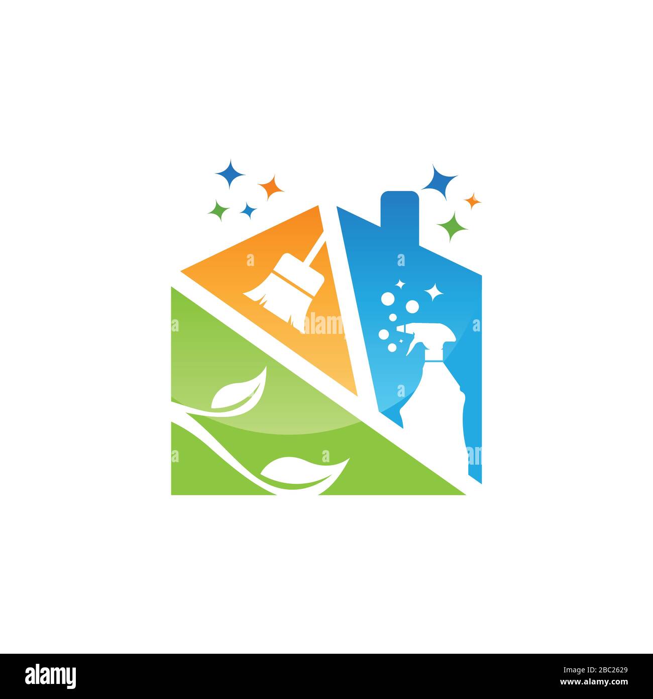 Emblem des Vektor-Logos für den Reinigungsdienst oder Vorlage für das Symboldesign. Umweltfreundliches Konzept für Inneres, Haus und Gebäude Stock Vektor