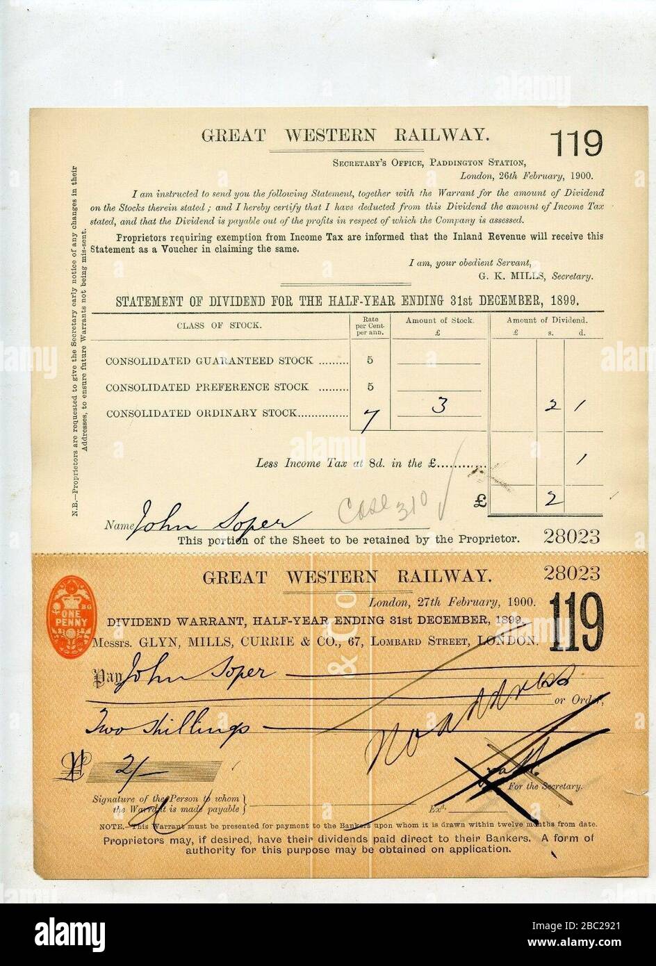Dividendenausschüttungsschein der Great Western Railway - Dezember 1899. Stockfoto