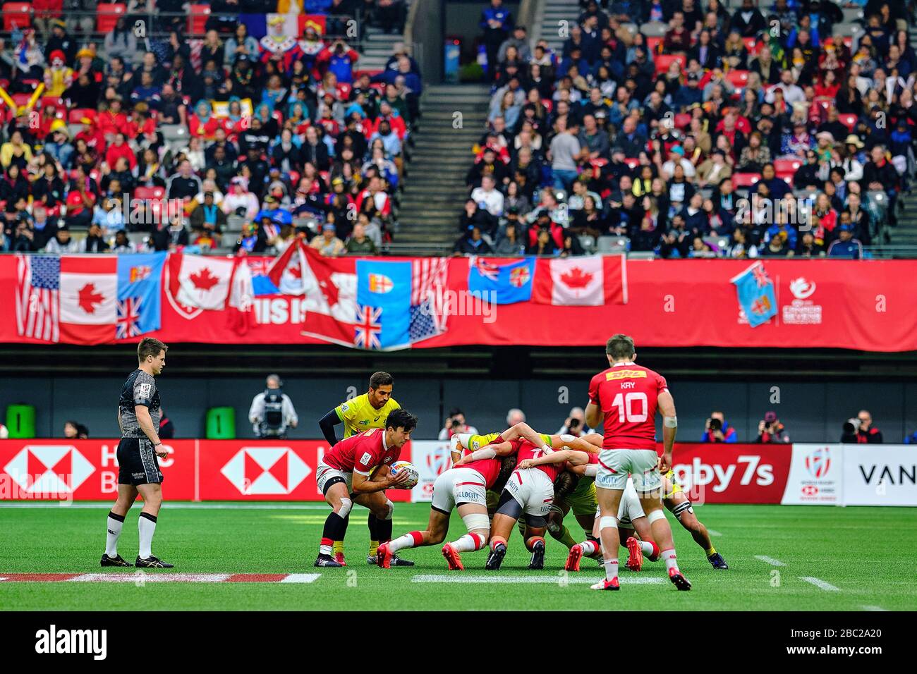 Vancouver, Kanada. März 2020. Kanada hat sich im Spiel 40 #, Kanada im Vergleich zu Australien (Cup Halbfinale) am 2. Bis 2020 HSBC World Rugby S in einen Schrott gesteckt Stockfoto