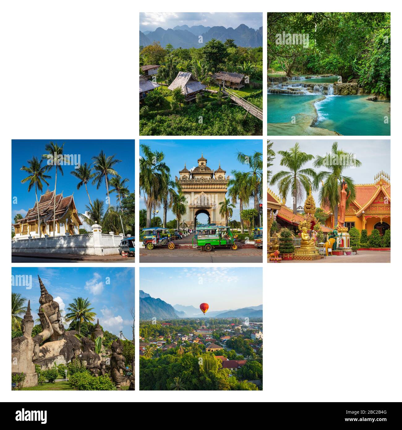 Collage beliebter Touristenattraktionen in Laos. Reisehintergrund. Südostasiens. Stockfoto