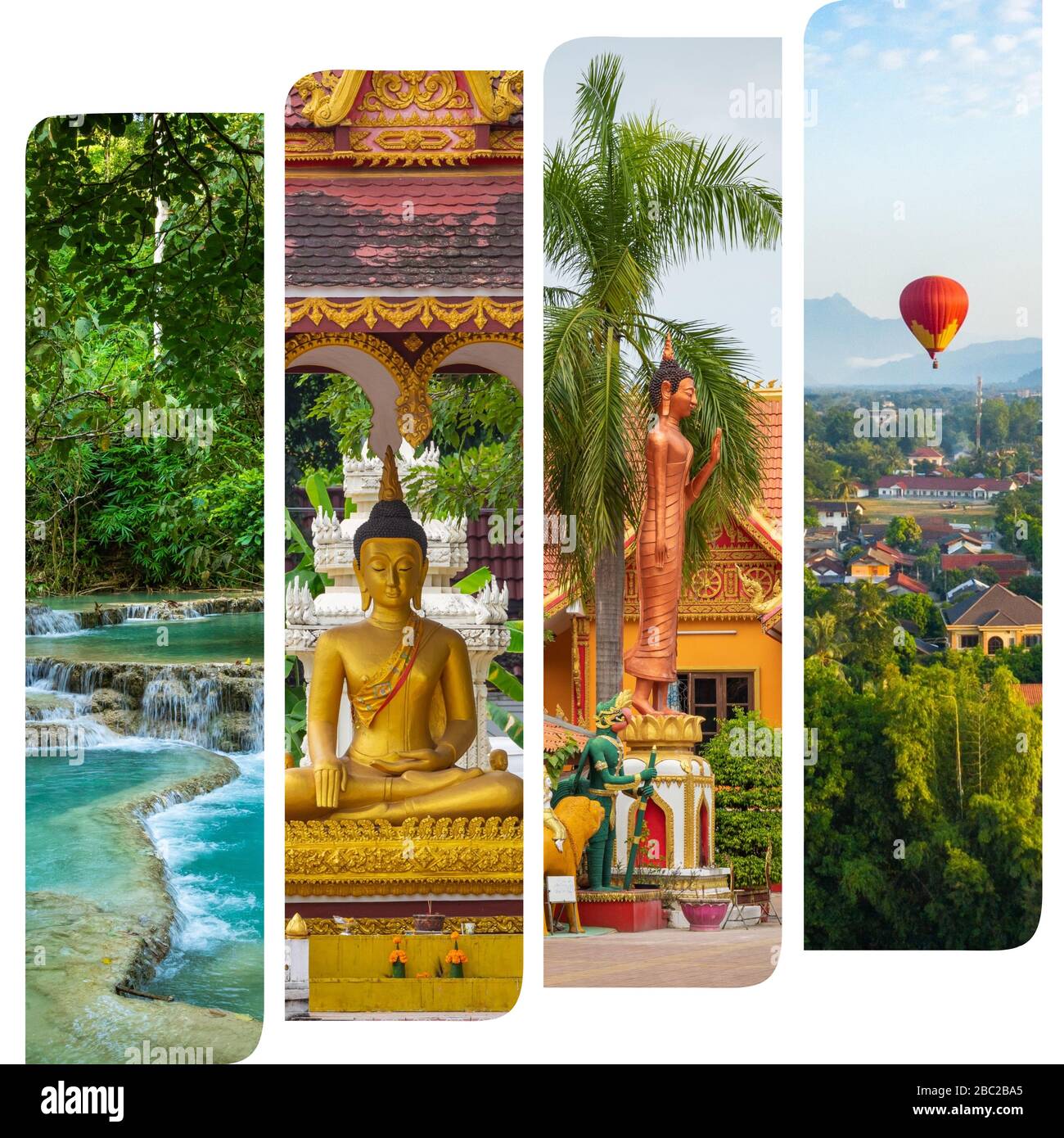Collage beliebter Touristenattraktionen in Laos. Reisehintergrund. Südostasiens. Stockfoto