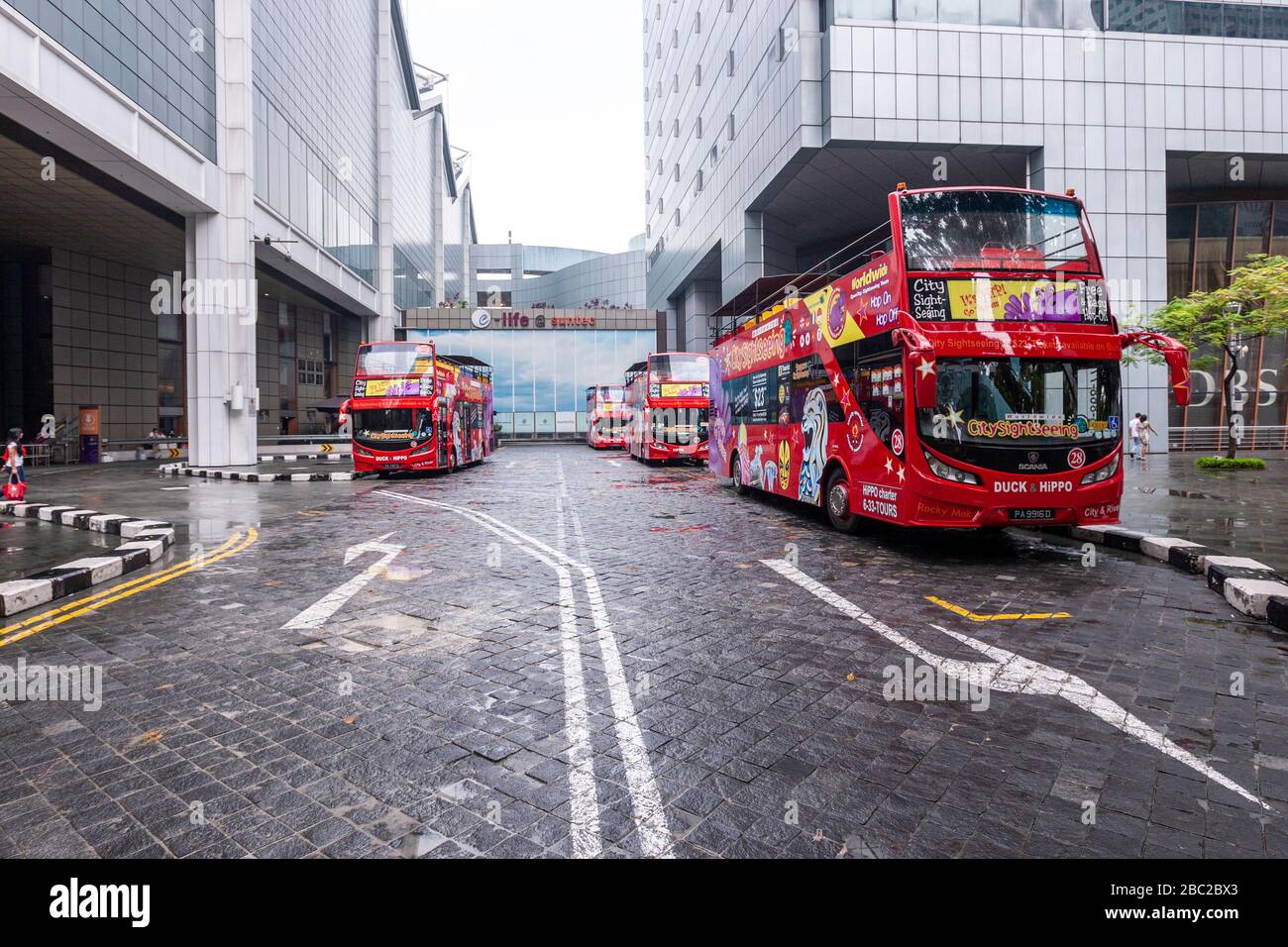 Parkplatz der City Sight Seeing Busse in Temasek Blvd, Singapur Stockfoto