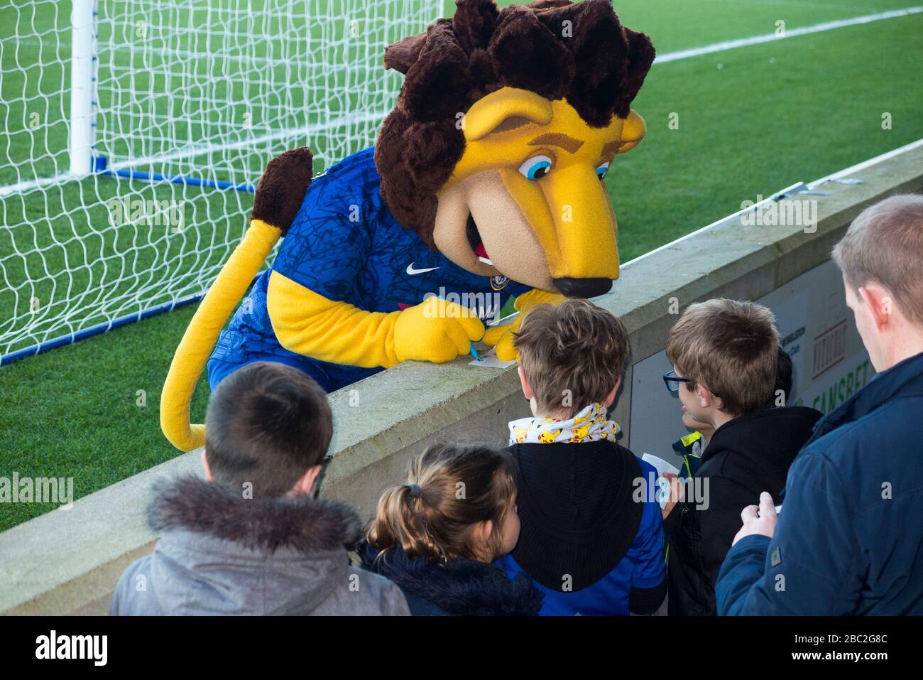 Kinder, Kinder, junge Fußballfans stehen während der Halbzeit im Kings Meadow Stadium für Autogramme von Chelsea Womens / Women Football Club Maskottchen. (116) Stockfoto