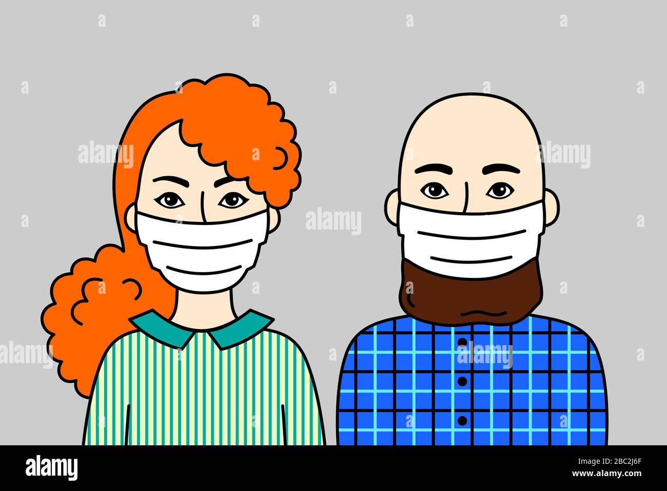 Ein Paar Menschen, die Gesichtsmasken tragen, ein Mann mit braunem Bart und eine Frau mit rotem Haar. Zwei Junge Erwachsene, Atemschutzgeräte Zur Vorbeugung Von Krankheiten, Grippe Und Umweltverschmutzung Stock Vektor