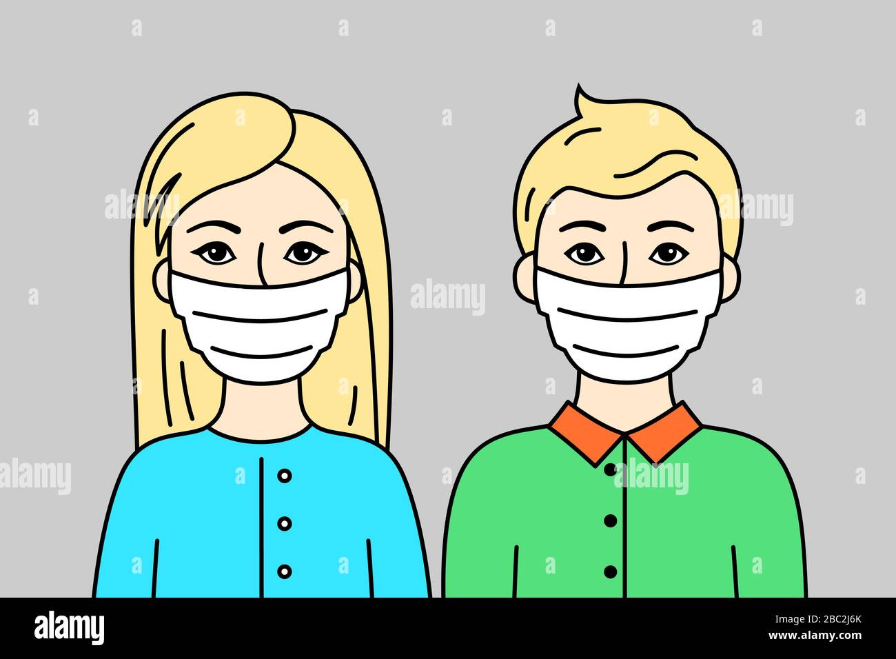 Ein Paar Leute, Die Gesichtsmasken Tragen. Zwei Junge Erwachsene, Europäische Familie, Blonde Mann Und Frau. Atemschutzmasken Zur Vorbeugung Von Krankheiten, Grippe Und Air Poll Stock Vektor