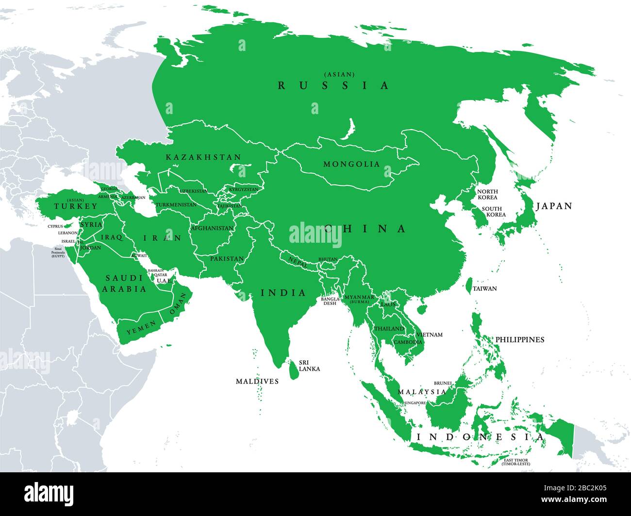 Asien, politische Karte, Staaten und Länder des größten Kontinents. Mit dem asiatischen Teil Russlands und der Türkei sowie der Sinai-Halbinsel als afrikanischer Teil. Stockfoto