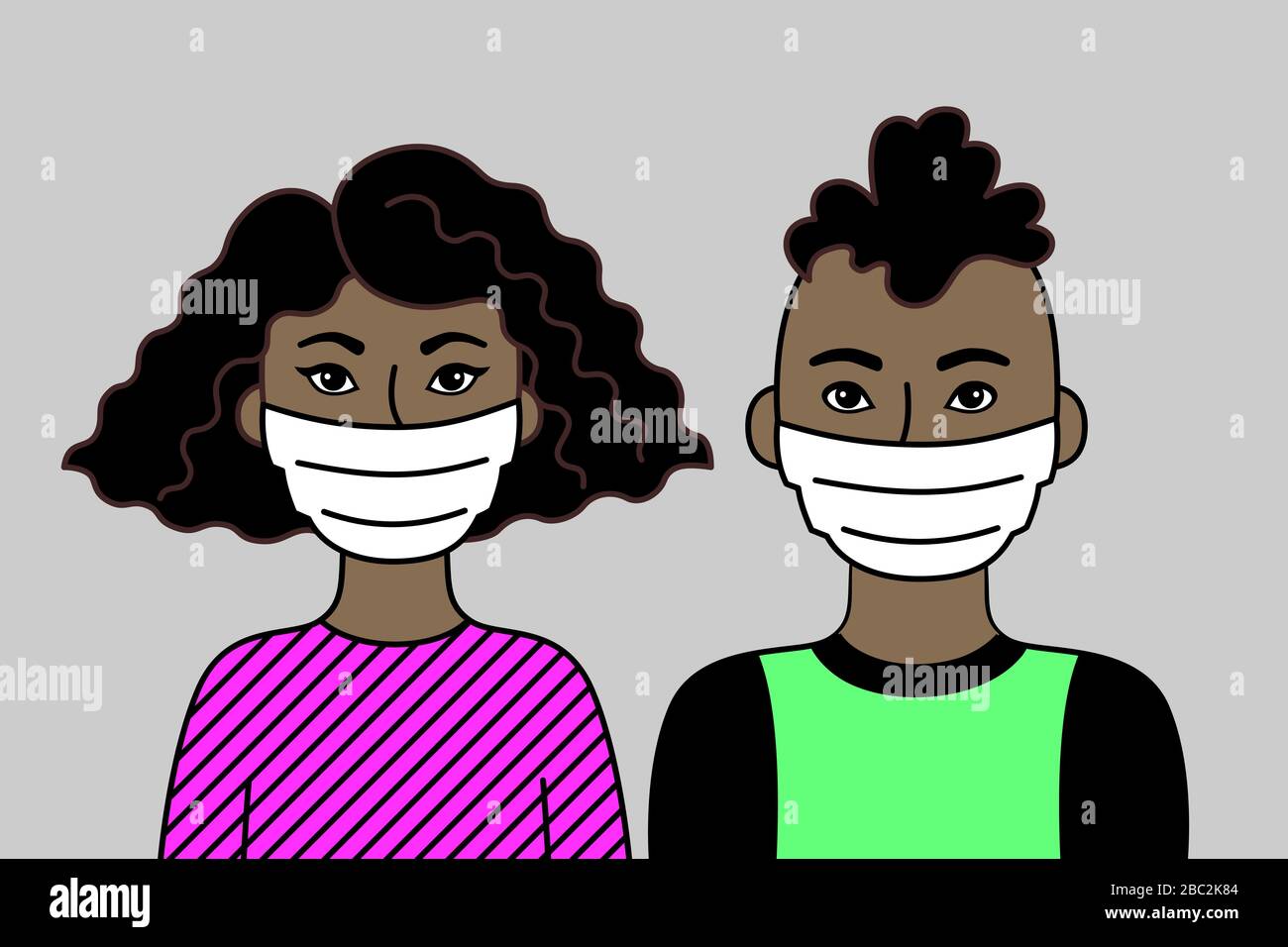 Schwarzes Paar Mit Gesichtsmasken. Zwei junge Erwachsene, Afrikaner oder Brasilianer. Atemschutzmasken Zur Vorbeugung Von Krankheiten, Grippe Und Luftverschmutzung. Stock Vektor