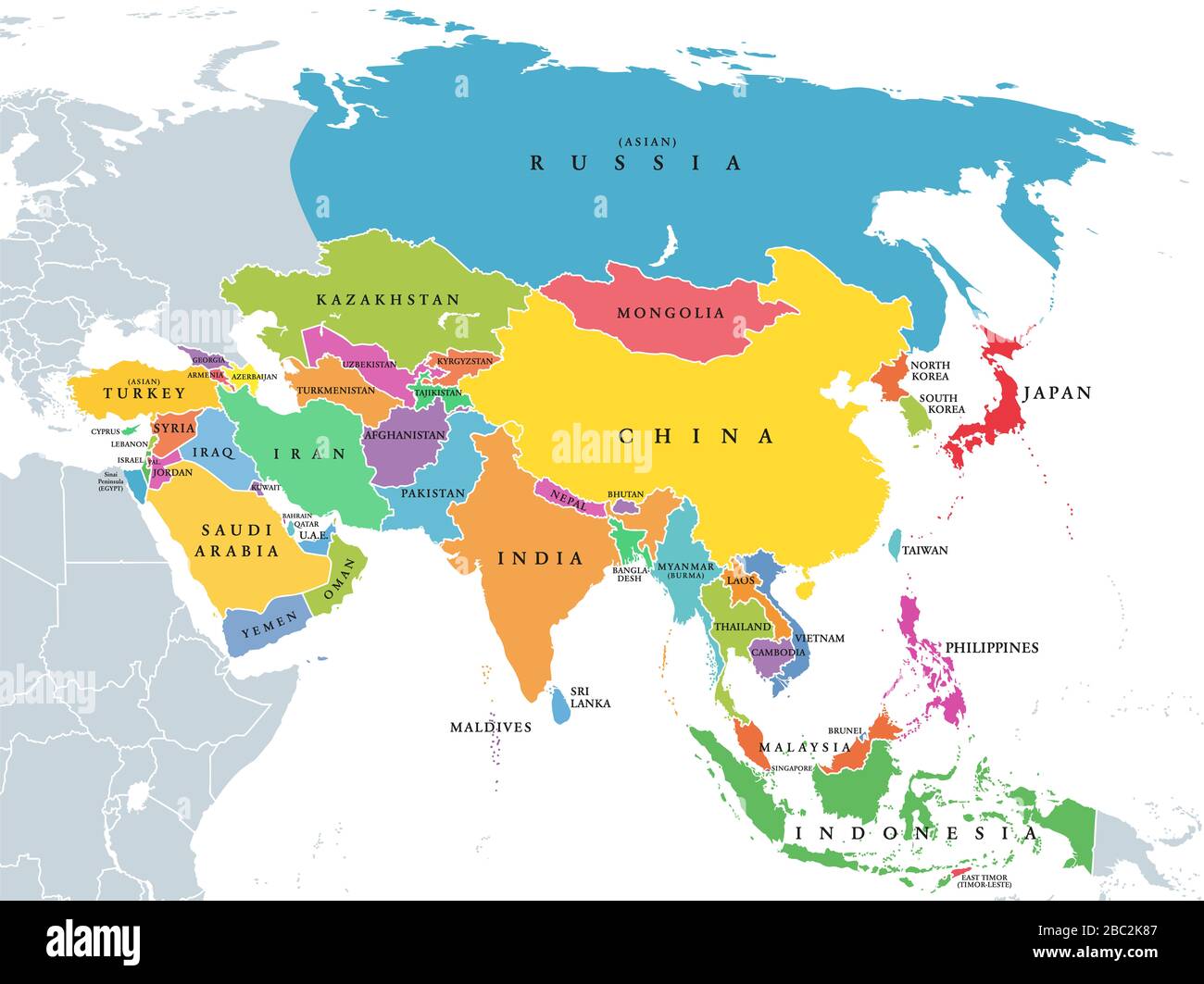 Kontinent Asien, politische Karte mit farbigen Einzelstaaten und Ländern. Mit dem asiatischen Teil Russlands und der Türkei sowie der Sinai-Halbinsel als afrikanischer Teil. Stockfoto