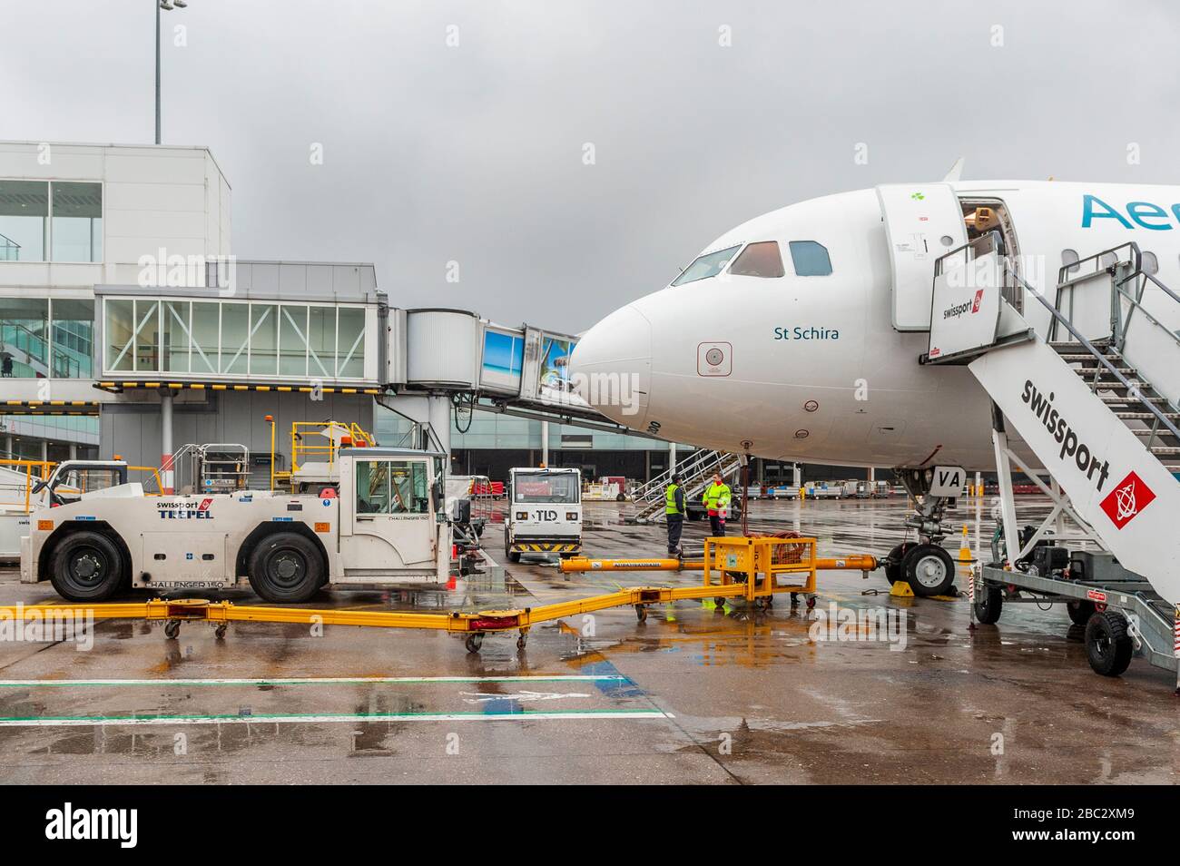 Aer Lingus Airbus A320-214 am Flugsteig am Flughafen Birmingham, Birmingham, Marston Green, West Midlands, Großbritannien. Stockfoto