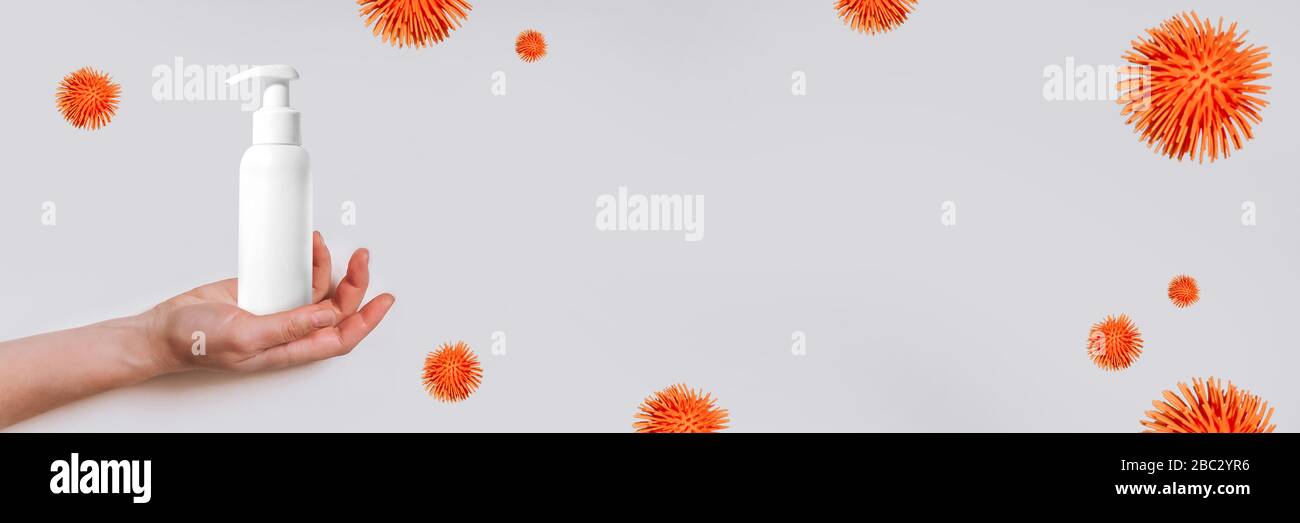 Waschen von Händen mit Alkoholgel oder antibakterieller Seife für die Vorbeugung von Corona-Viren, Hygiene, um die Verbreitung von Coronavirus-Banner zu stoppen Stockfoto