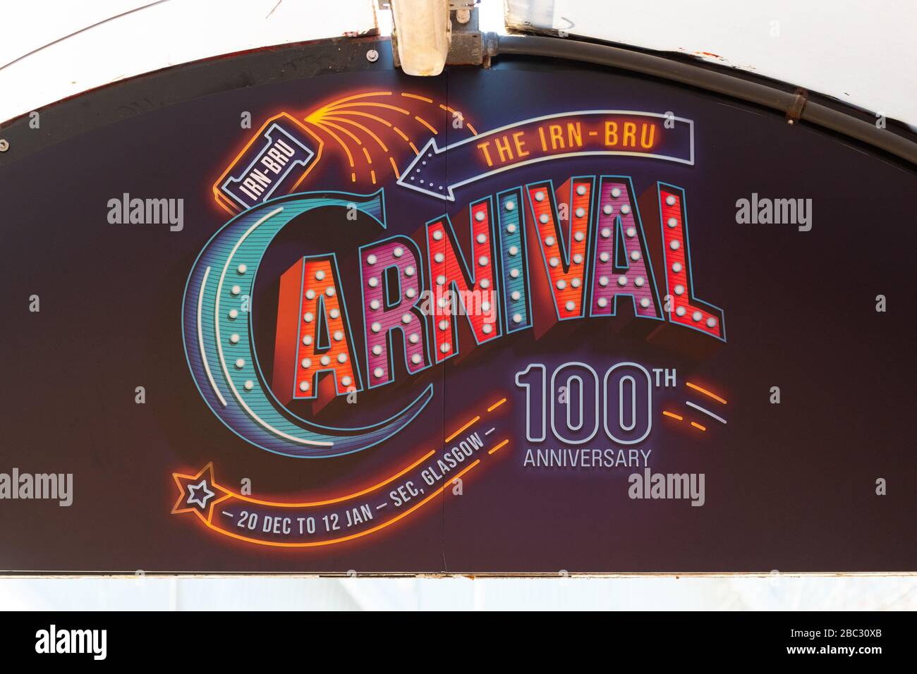 IRN BRU Carnival 100-jähriges Jubiläum Werbung, 2019-2020 Glasgow, Schottland, Großbritannien Stockfoto