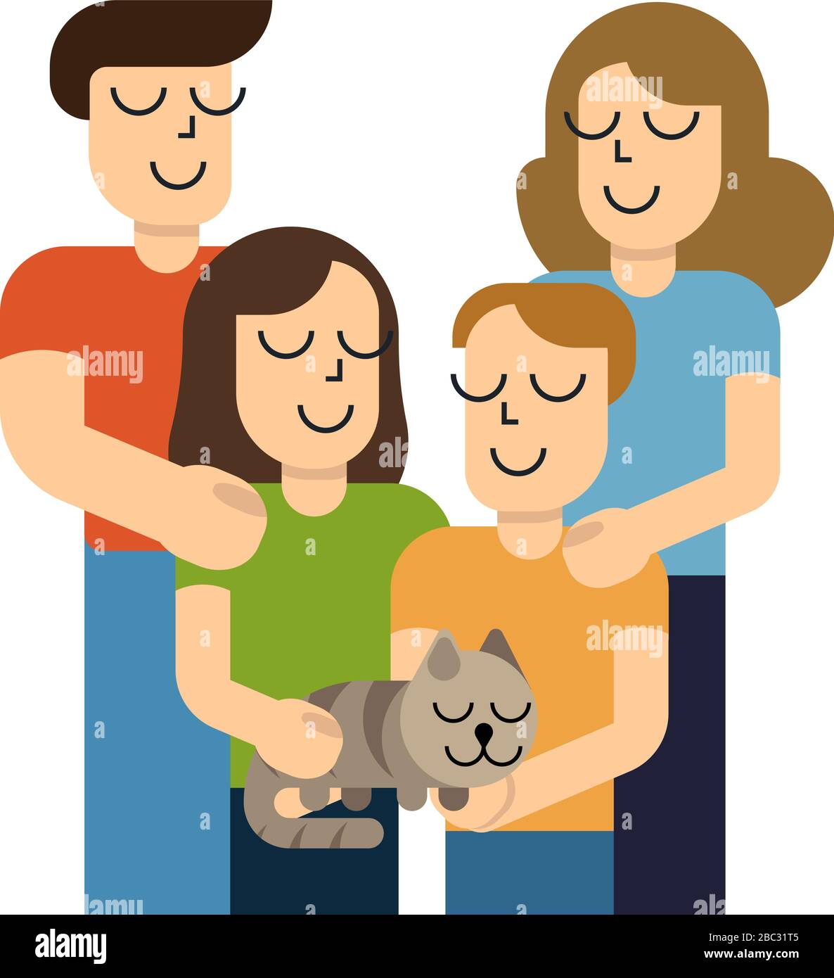Frohe junge Familie. Vater, Mutter, Sohn, Tochter und Katze zusammen. Vektorgrafiken in einfachem Cartoon-Stil Stock Vektor