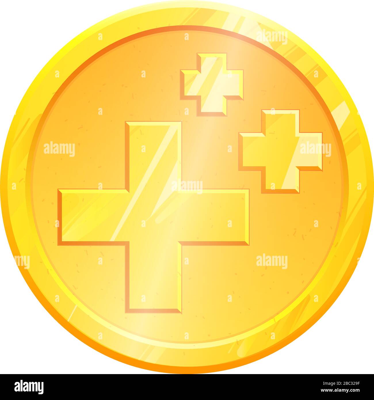 Das Symbol für die Erneuerung der Gesundheit der Goldmünzen wird auf weißem Hintergrund dargestellt. Drei geometrische Metallformen. Flaches Symbol für das Heilungszeichen für Spiele und Apps. Plusses Vektor Element isoliertes Logo. Leben erneuert das Piktogramm. Stock Vektor