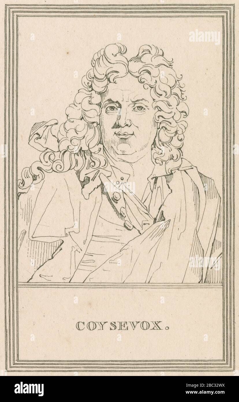 Antike Gravur, Antoine Coysevox. Charles Antoine Coysevox (1640-1720), war ein französischer Bildhauer im Stil und Stil Louis Xvix, der vor allem für seine Skulptur bekannt ist, die die Gärten und das Schloss Versailles und seine Porträtbüsten schmückte. QUELLE: ORIGINALGRAVUR Stockfoto