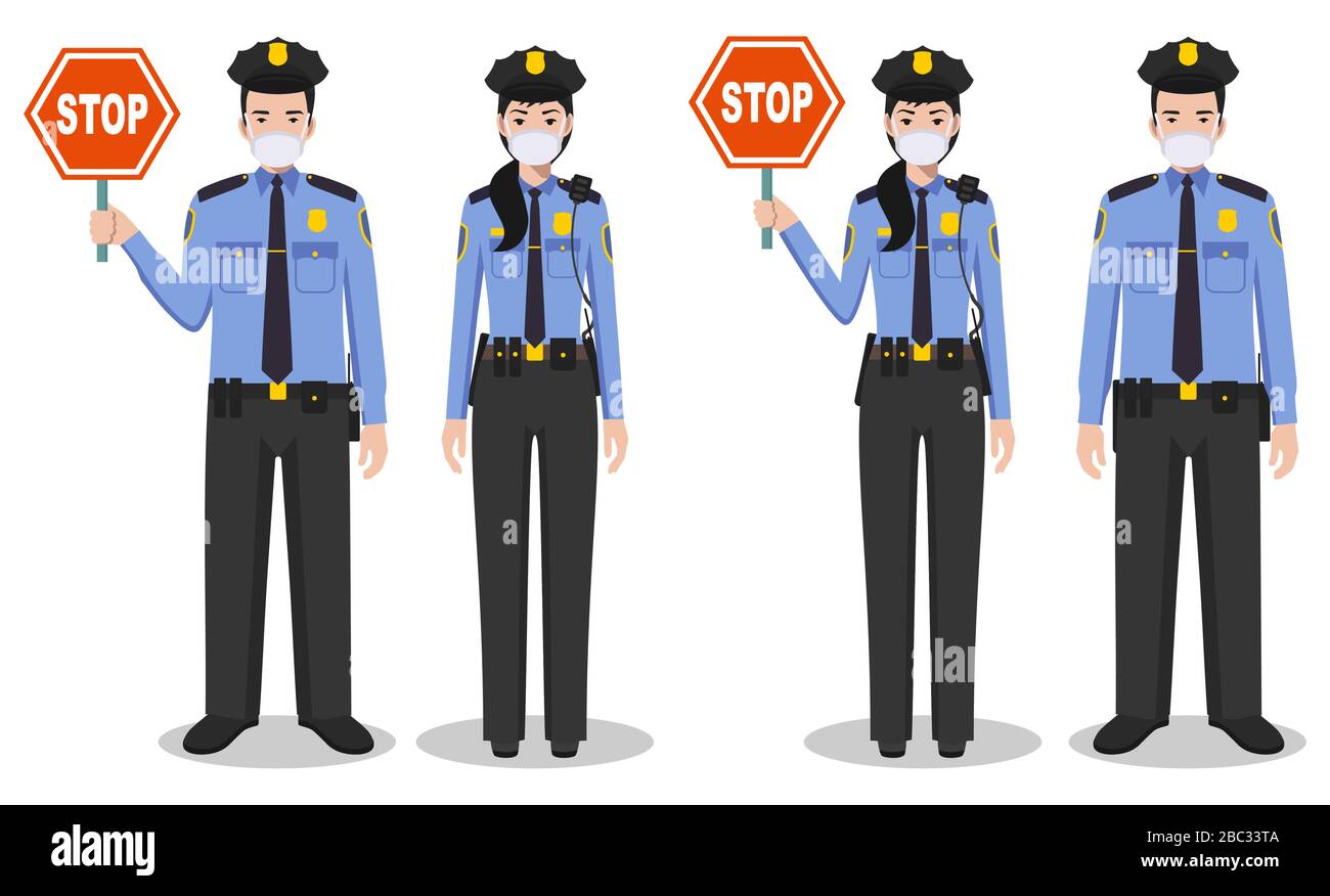 Polizei USA und Quarantänekonzept. Ein Paar amerikanischer Polizist und Polizistin in traditionellen Uniformen und Schutzmasken stehen zusammen Stock Vektor