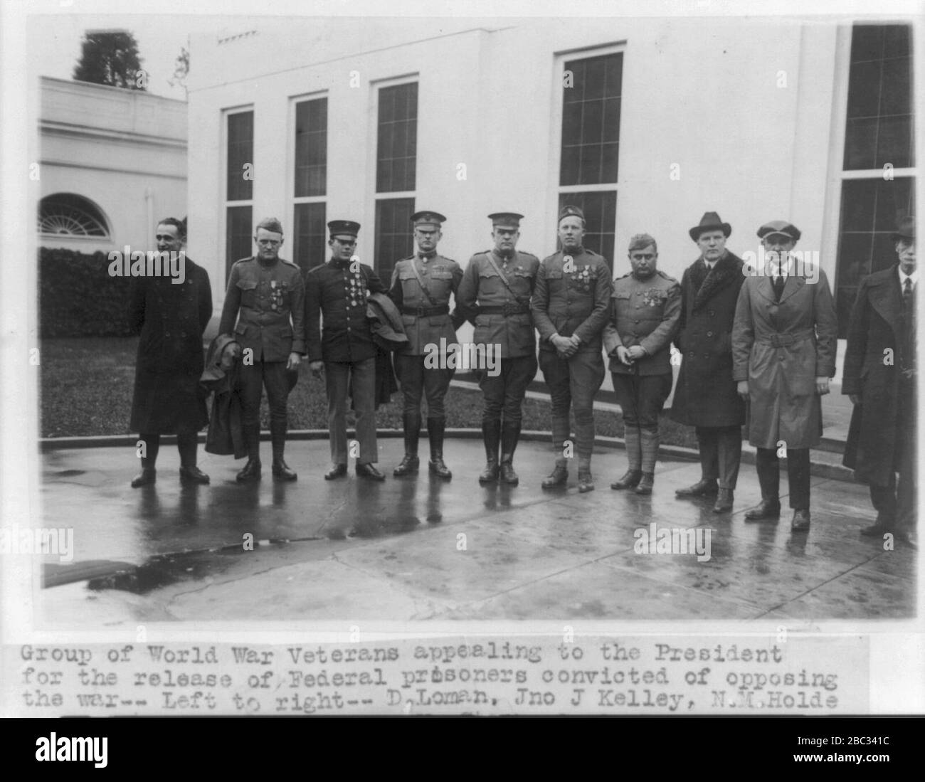 Gruppe von Veteranen des 1. Weltkriegs im Weißen Haus, um an die Presse zur Freilassung von Fed. Gefangenen zu appellieren, die wegen des Widerspruchs gegen den Krieg verurteilt wurden - D. Loman, John J. Kelley, NM Holderman, Geo. H. Mallon, Clayton K. Stockfoto