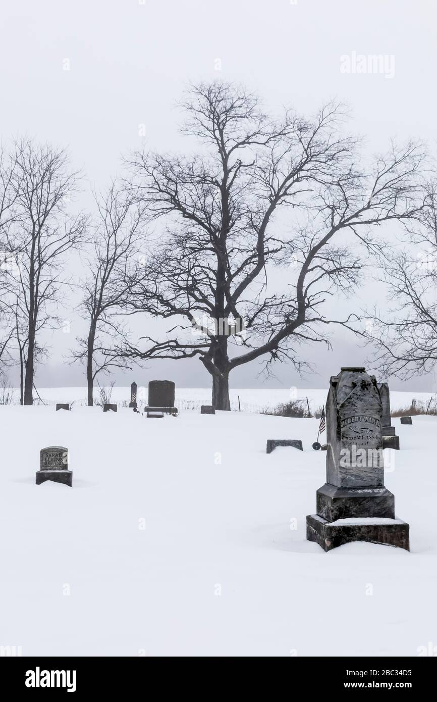 Alter Friedhof an einem Wintertag in der Nähe des Dorfes Remus im Zentrum von Michigan, USA Stockfoto
