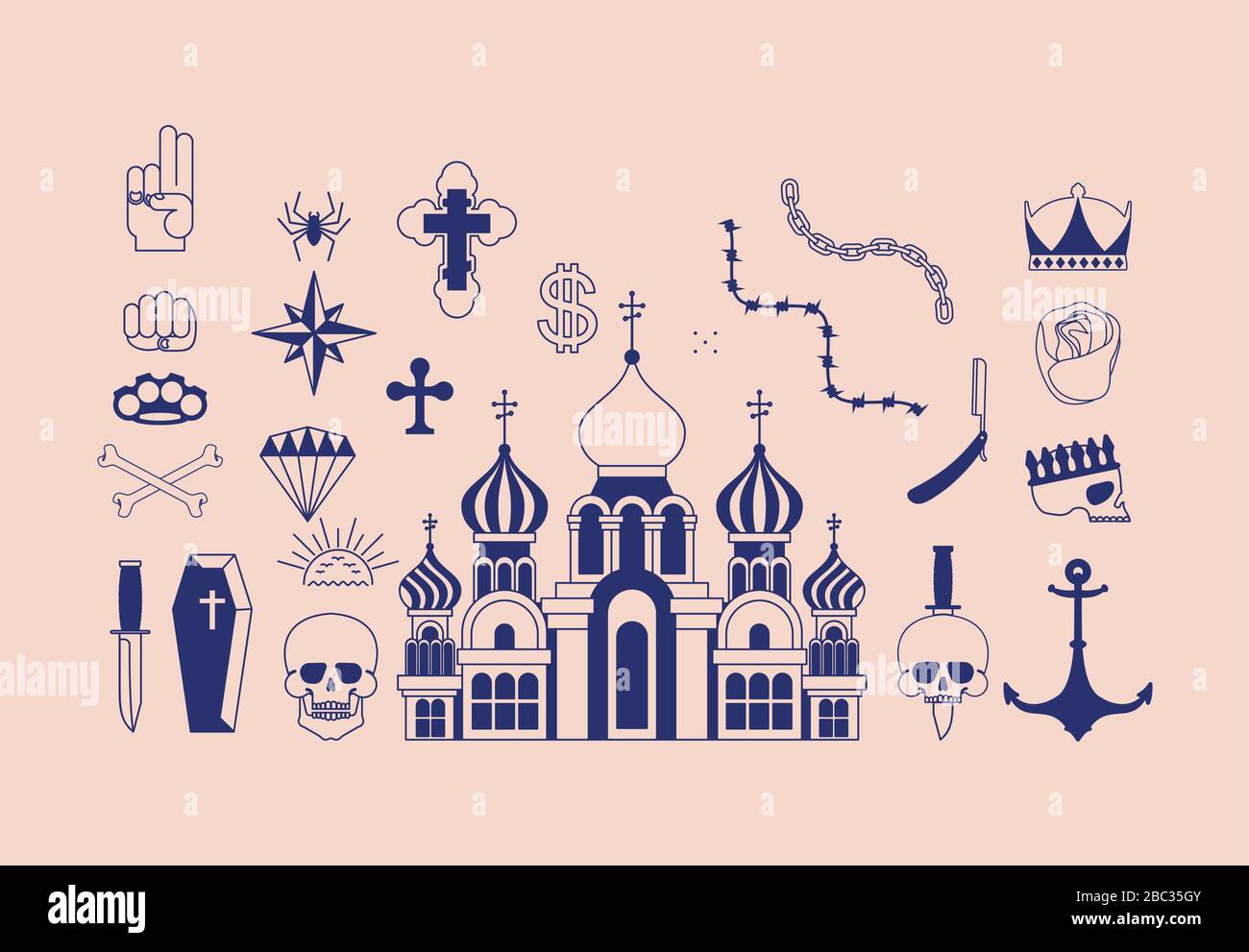 Russische Gefangnis Tattoo Set Russisches Verbrechersymbol Kirche Und Schadel Kreuz Und Kette Stacheldraht Und Krone Dieb Stars Unterschreibt Prisoner Mafia Tatooin Stock Vektorgrafik Alamy