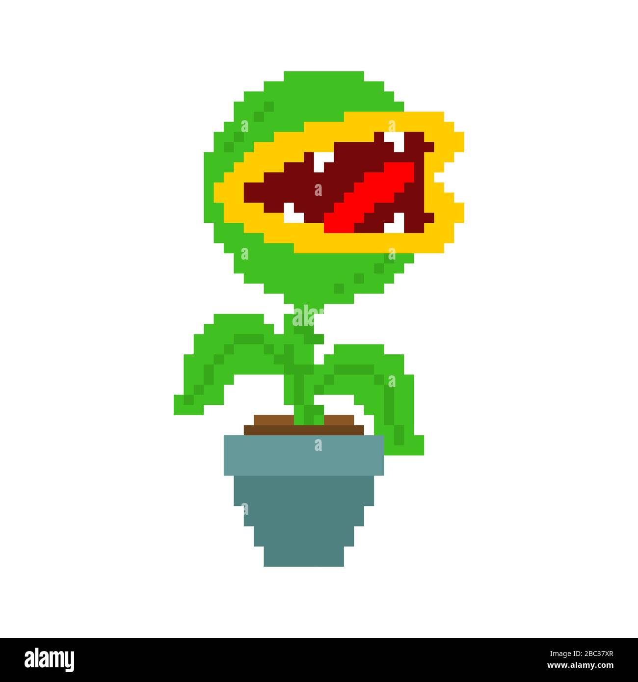 Flytrap Pixelkunst. Blumenraubtiere fleischfressende Pflanzen im Topf. Verärgerte Blumen mit Zähnen 8 Bit Stock Vektor