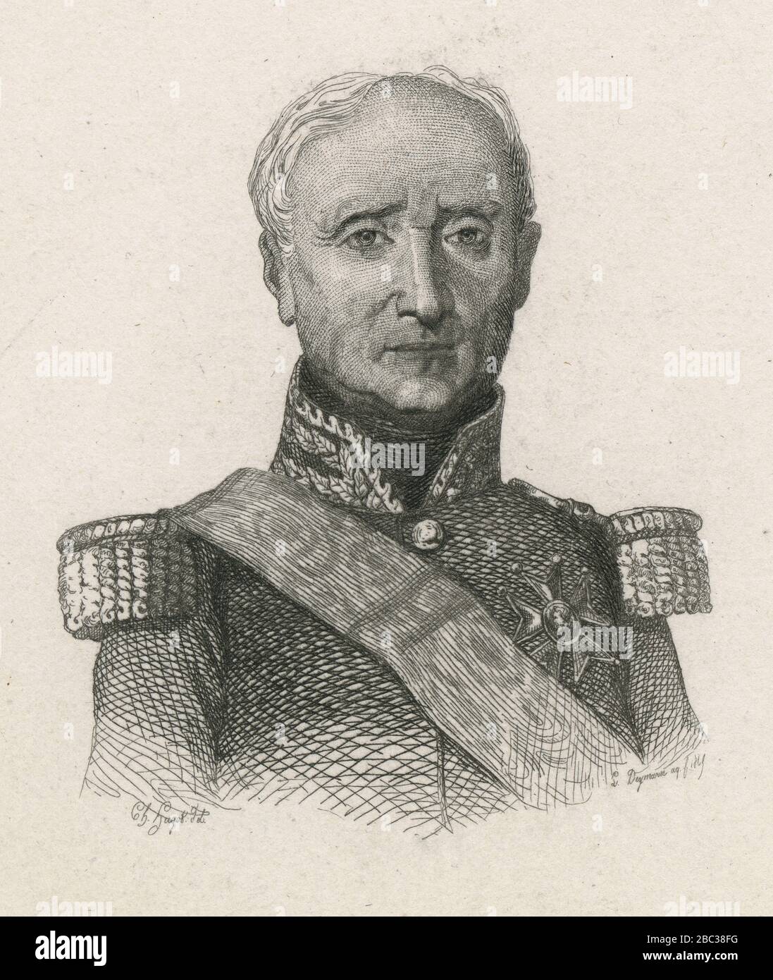 Antike Gravur, Thomas Robert Bugeaud. Thomas Robert Bugeaud (1784-1849), Marquis von La Piconnerie, Herzog von Isly, ist ein französischer Soldat, Marschall von Frankreich und Gouverneur General von Algerien. QUELLE: ORIGINALGRAVUR Stockfoto