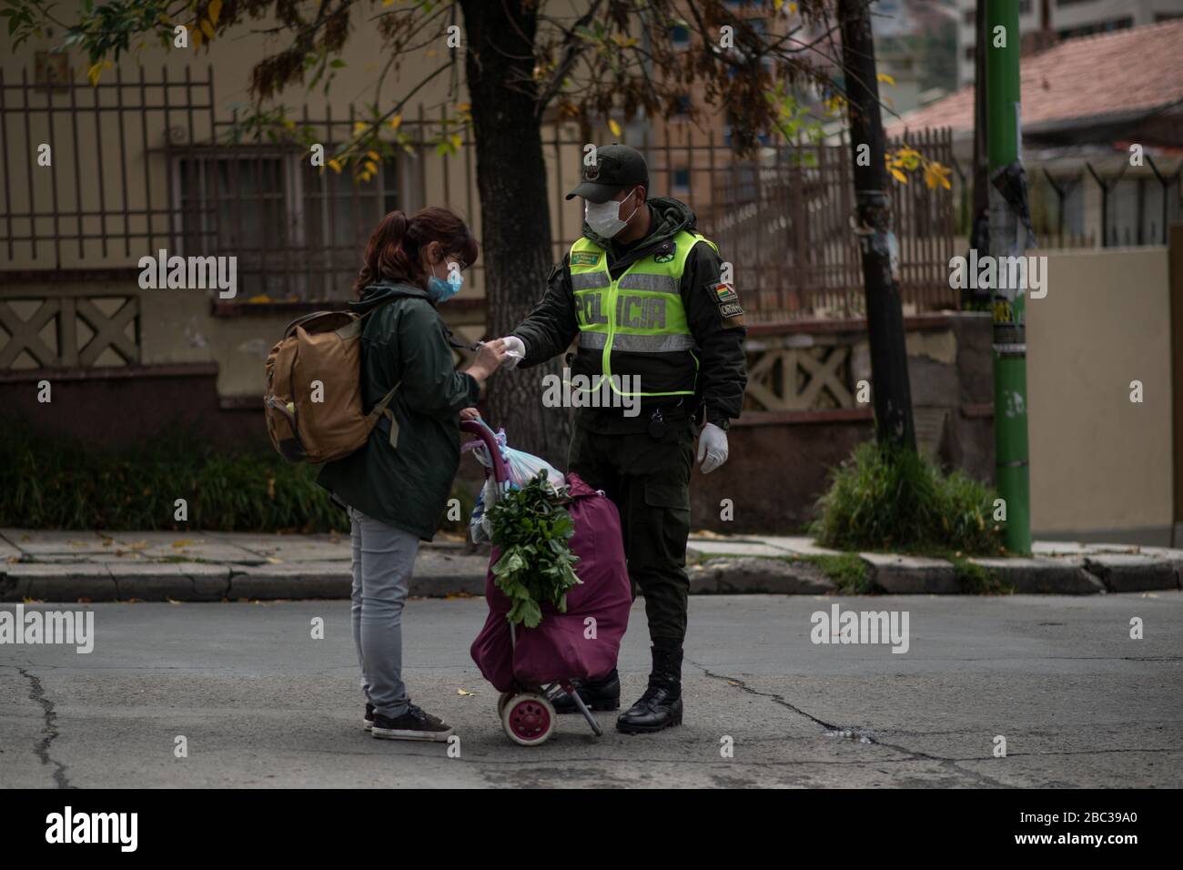 La Paz, Bolivien. März 2020. Ein Polizist überprüft den Ausweis einer Frau, die aus dem Einkauf von Lebensmitteln zurückkommt. Stockfoto